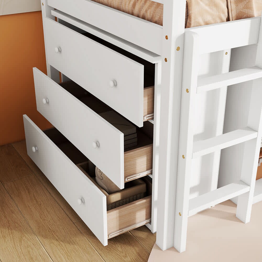JUJABU White Twin Loft Bed with Drawer Cabinet Shelf Cabinet and Pulling Out Desk Rubber Wood Loft Bed with Safety Guardrail