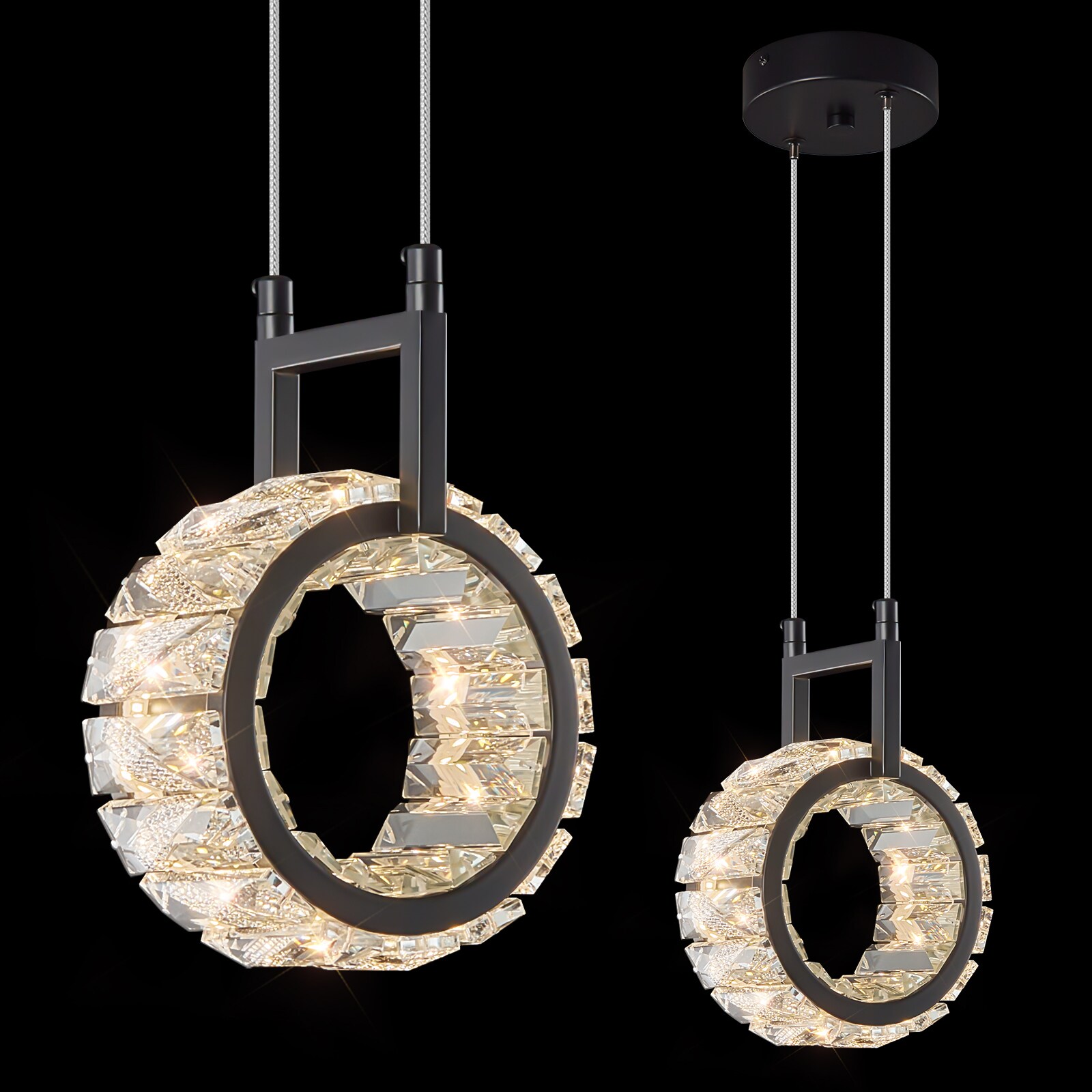 ZHLLMQ Ring 6.38in 1-Light Modern Matte Black K9 Crystal Round Integrated LED Hardwired Pendant Light for Kitchen Dining