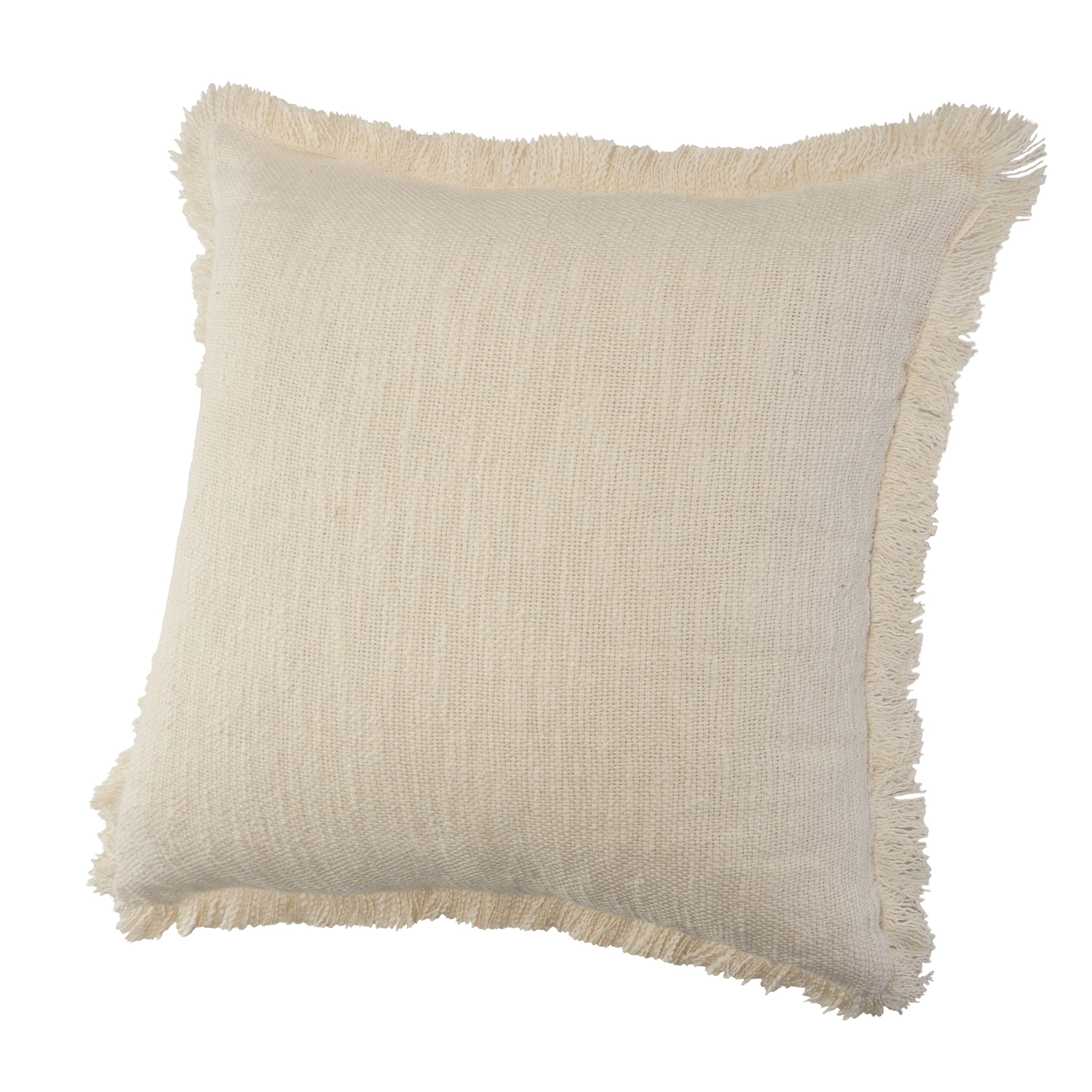 Off-White Cotton 20" Square Fringed Throw Pillow