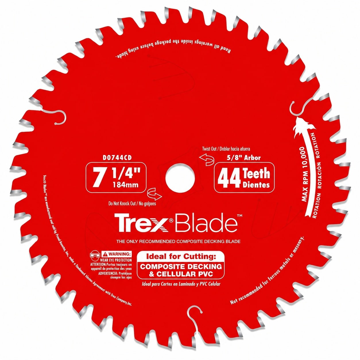SenQWFa TrexBlade Saw Blade for Composites and Plastic 7-1/4 Diameter 44 MTCG Teeth 5/8 Arbor 065 Kerf 3 Degree Hook Angle 040 Plate 10000 Max #LDC0817C349