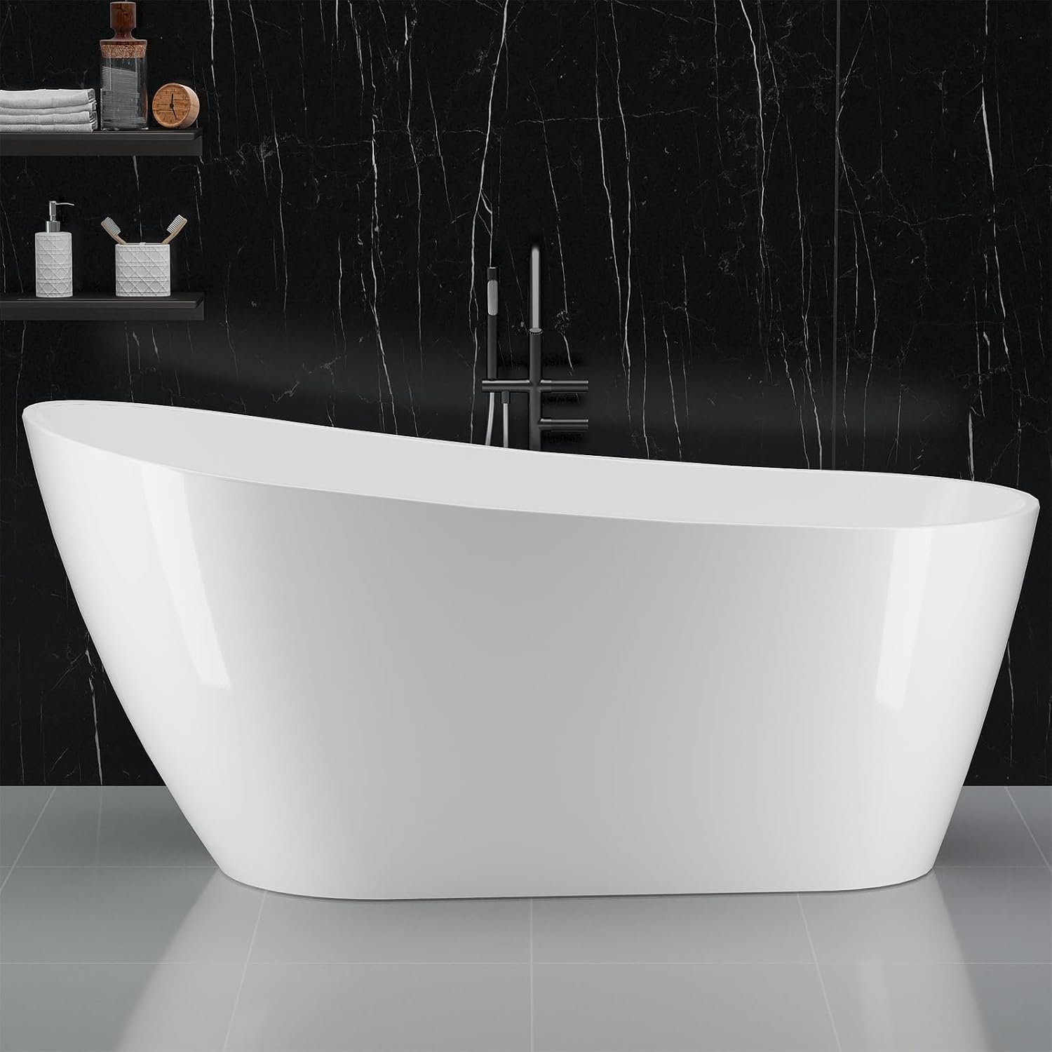 WhizMax PHO0ZSZU909 67 Inch Freestanding Acrylic Soaking Bathtub with Chrome Drain Compact Oval Tub for Small Bathrooms and Relaxing Spa Moments Allure White
