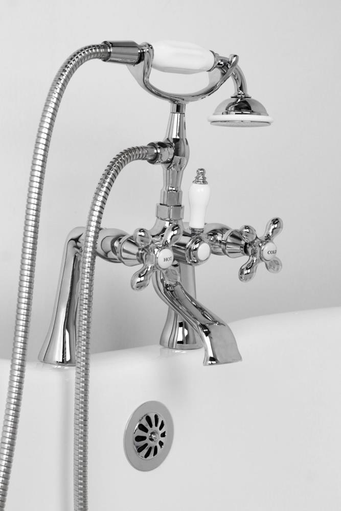 American Bath Factory F900A-CH F900 series Chrome 2-handle Deck-mount Roman Low-arc Bathtub Faucet with Hand Shower (Valve Included)