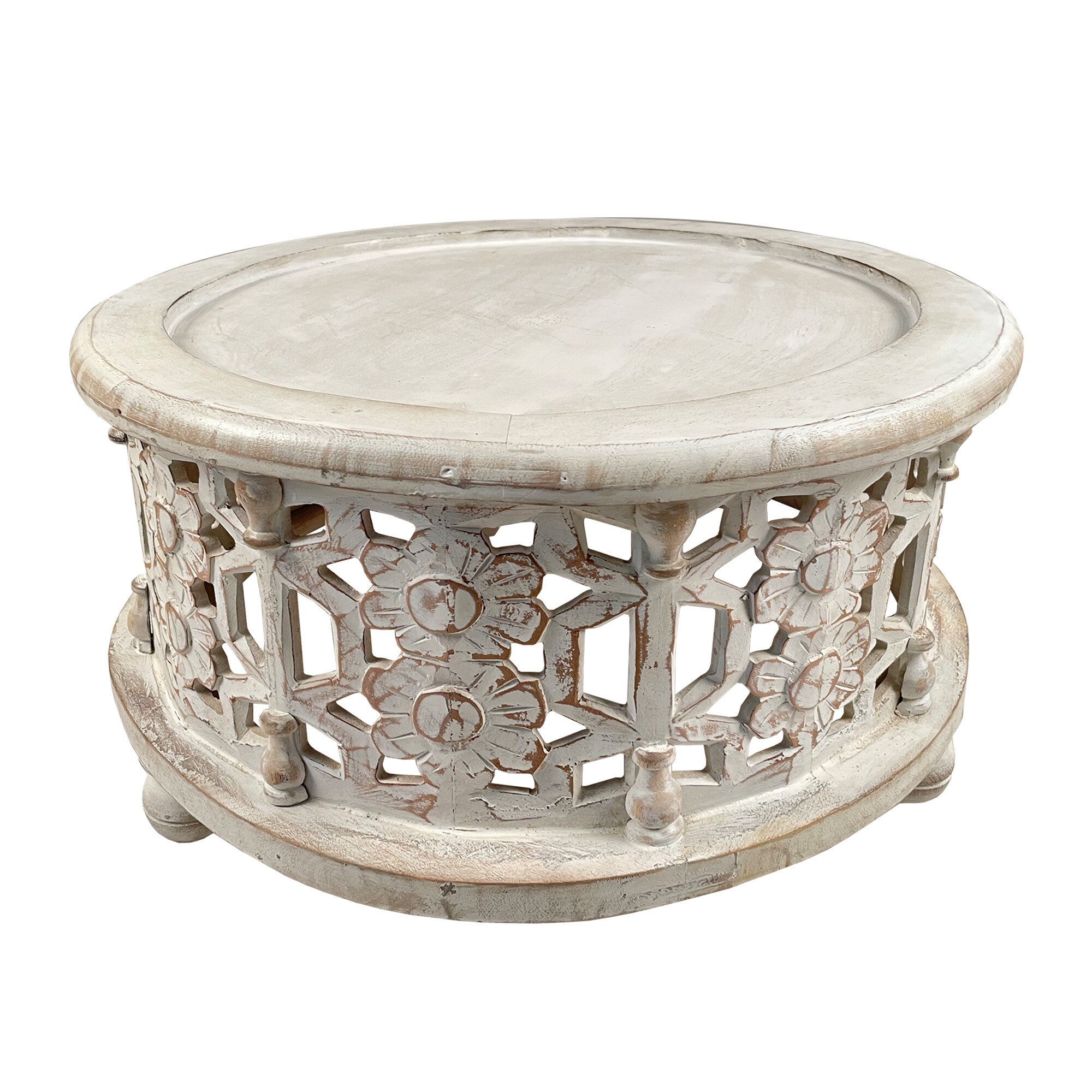 30" Antique White Carved Wood Round Coffee Table Set