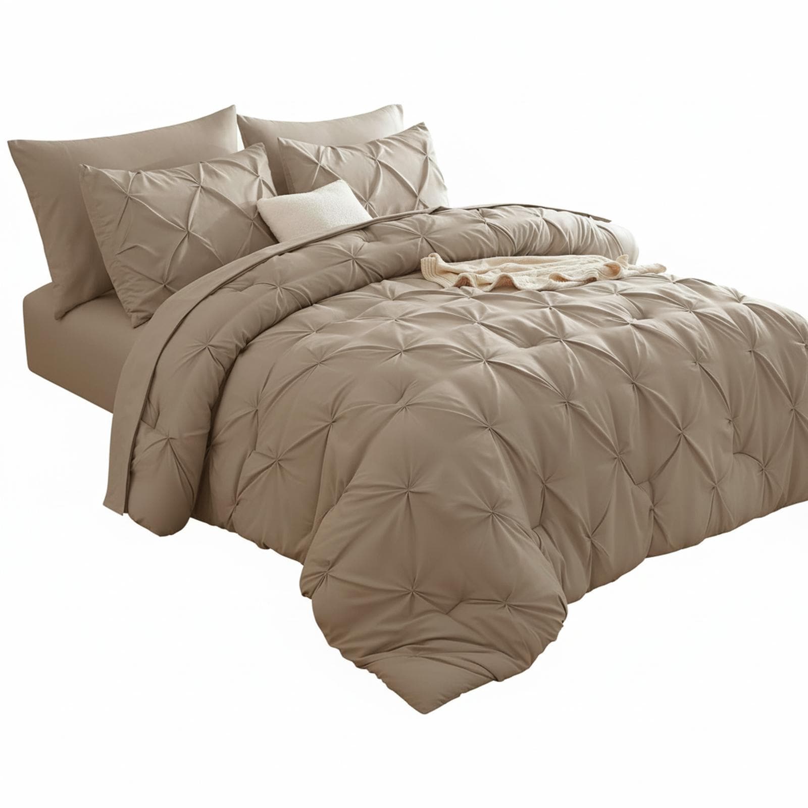 OMOMMD Pinch Pleat Bed in a Bag Comforter Set with Sheets Pillowcases Shams Microfiber Soft Breathable Machine Washable