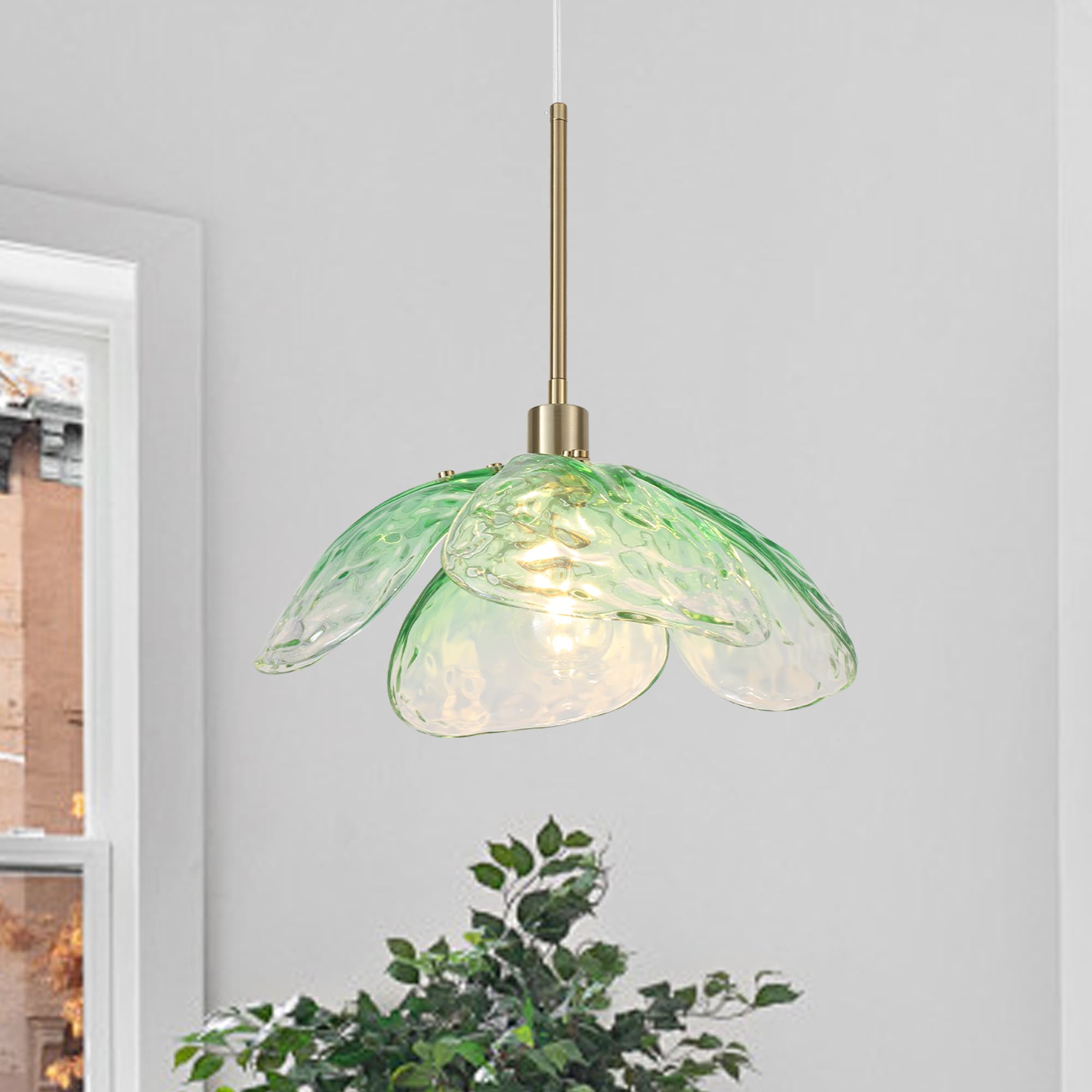 Zjvaive 14.17-inch Green modern elegant single-light petal chandelier with irregular glass shades complements a variety of spaces