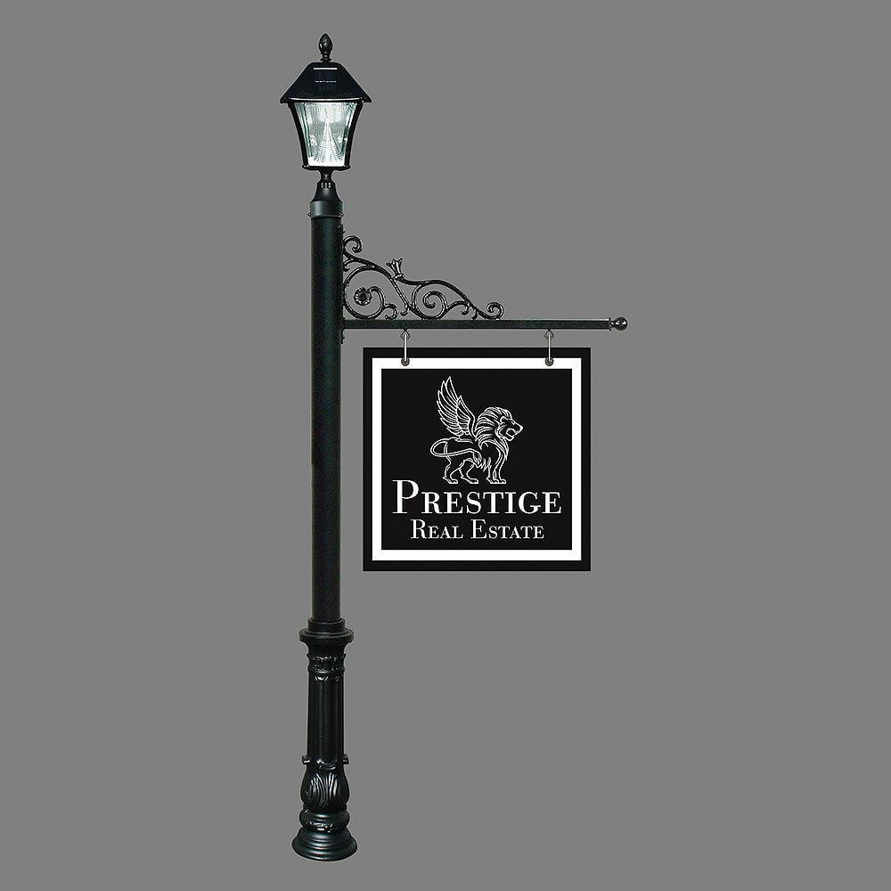 QualArc QUAL1658  REPST-700-BL-SL 5 in. Prestige Real Estate Sign System with Bayview Solar Lamp and Ornate Base- Black Color
