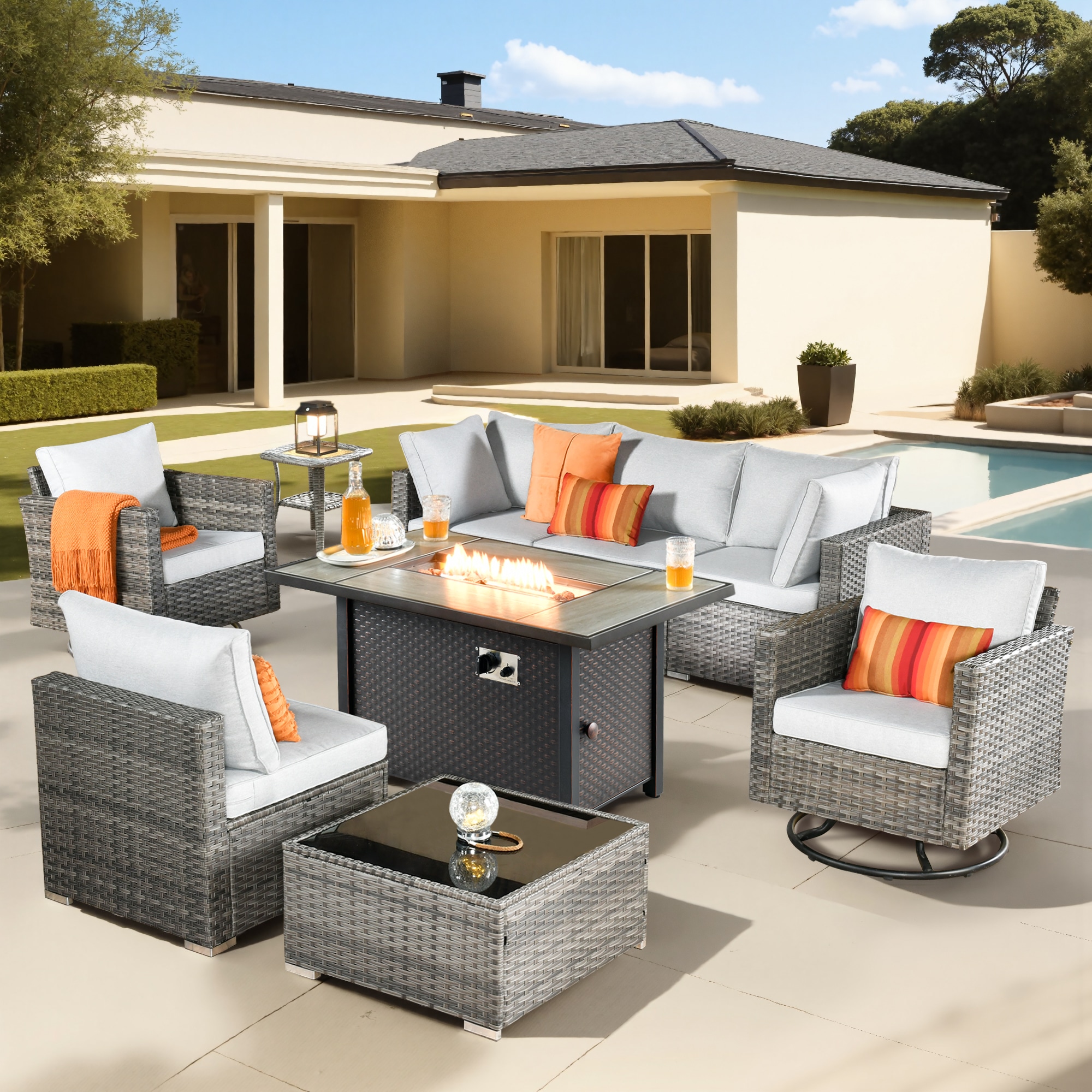 Pouuin SCFPHOP409 7 -Piece Wicker Patio Sofa Conversation Set with Light Gray Cushions