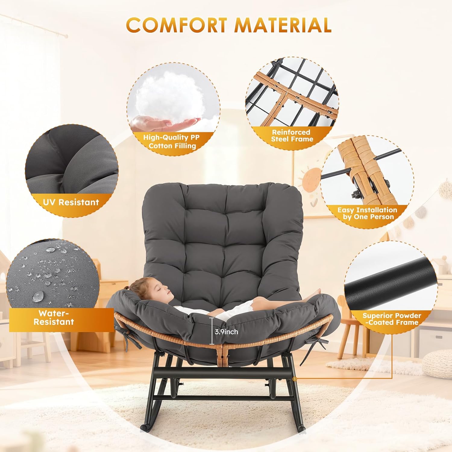 GAOMON 2PCS Papasan Rocking Chair with Foot Rest Oversized Papasan ...