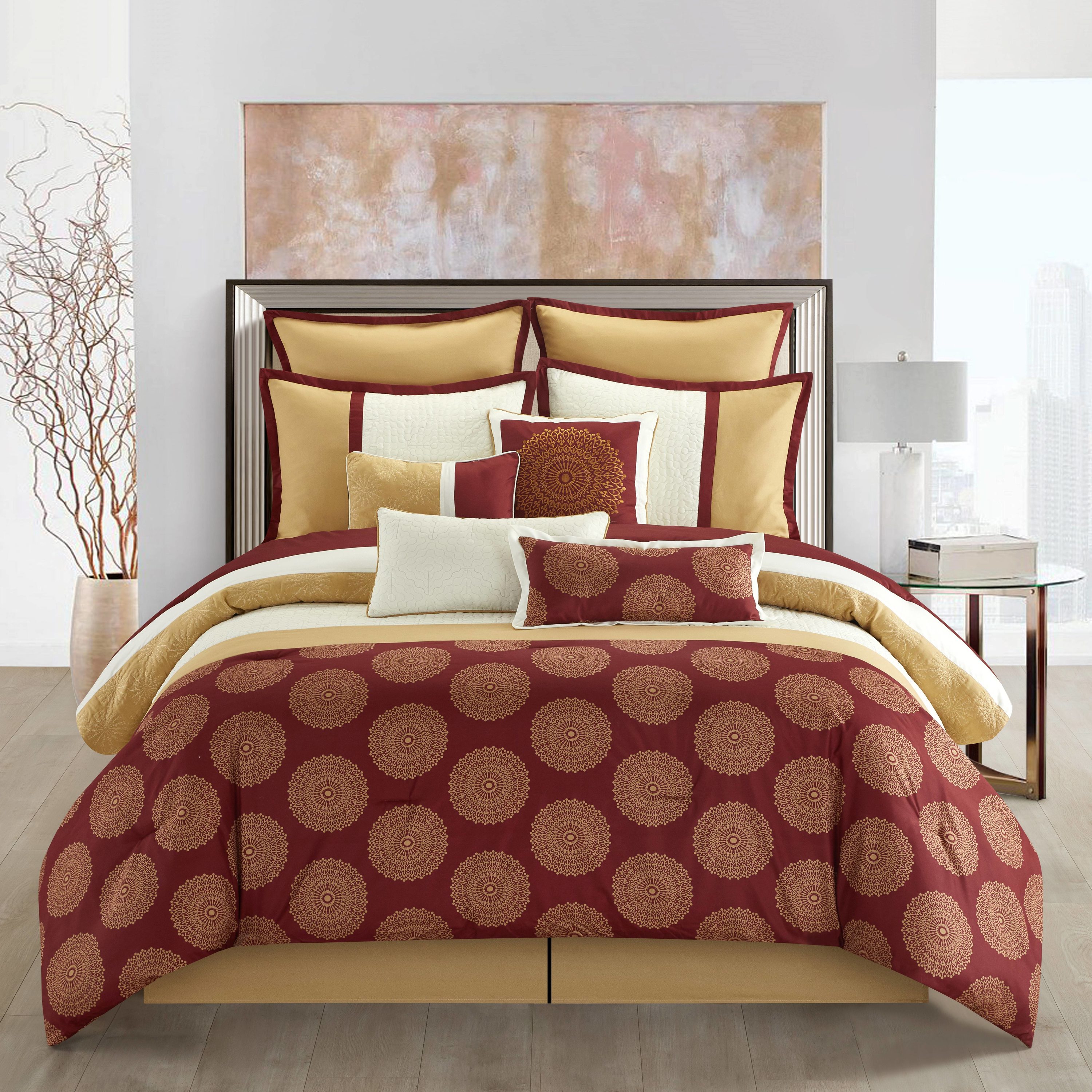Grand Avenue 7-Piece Burgundy Queen Comforter Set in the Bedding