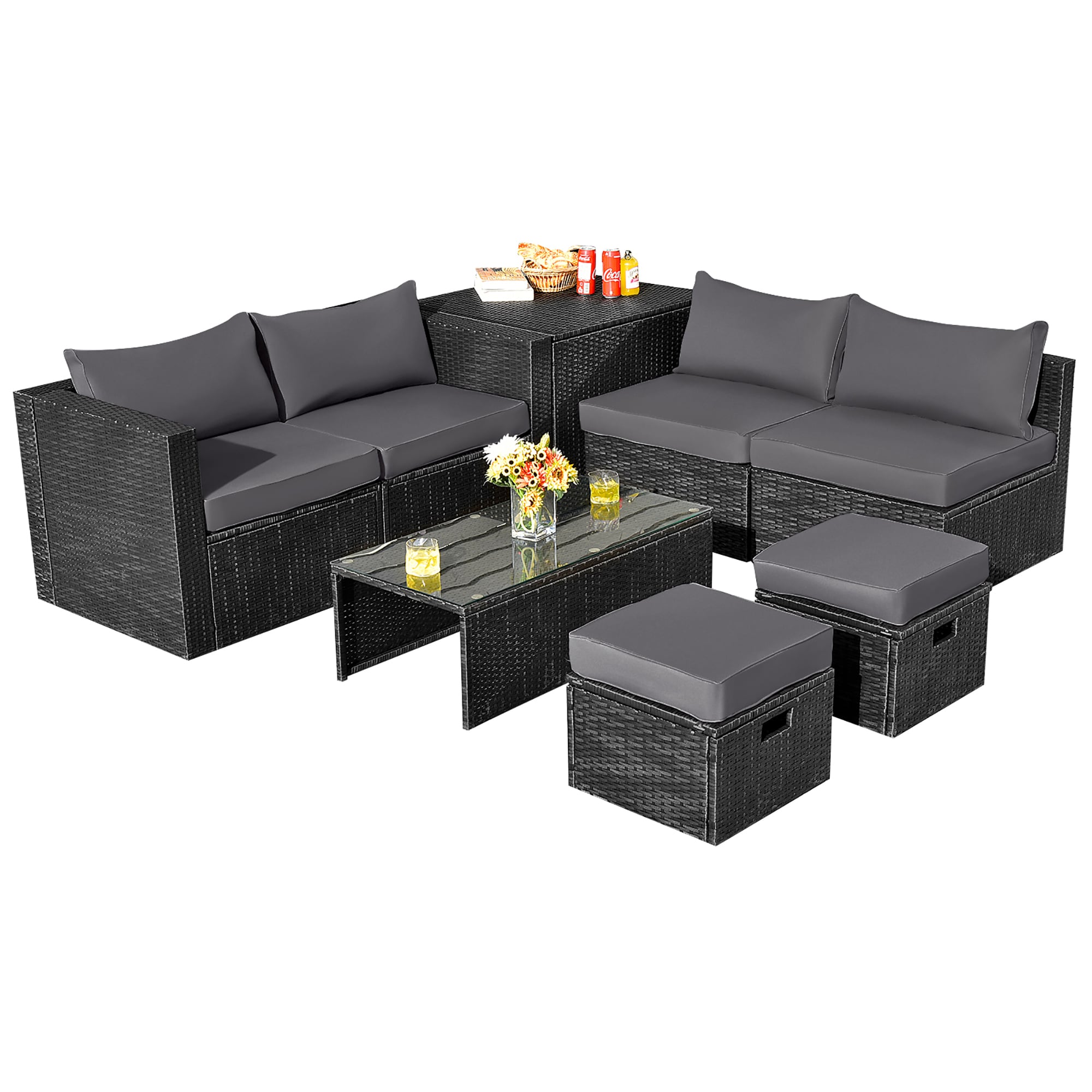 Costway LWS00839 8-Piece Rattan 4 Patio Conversation Set with Gray Cushions