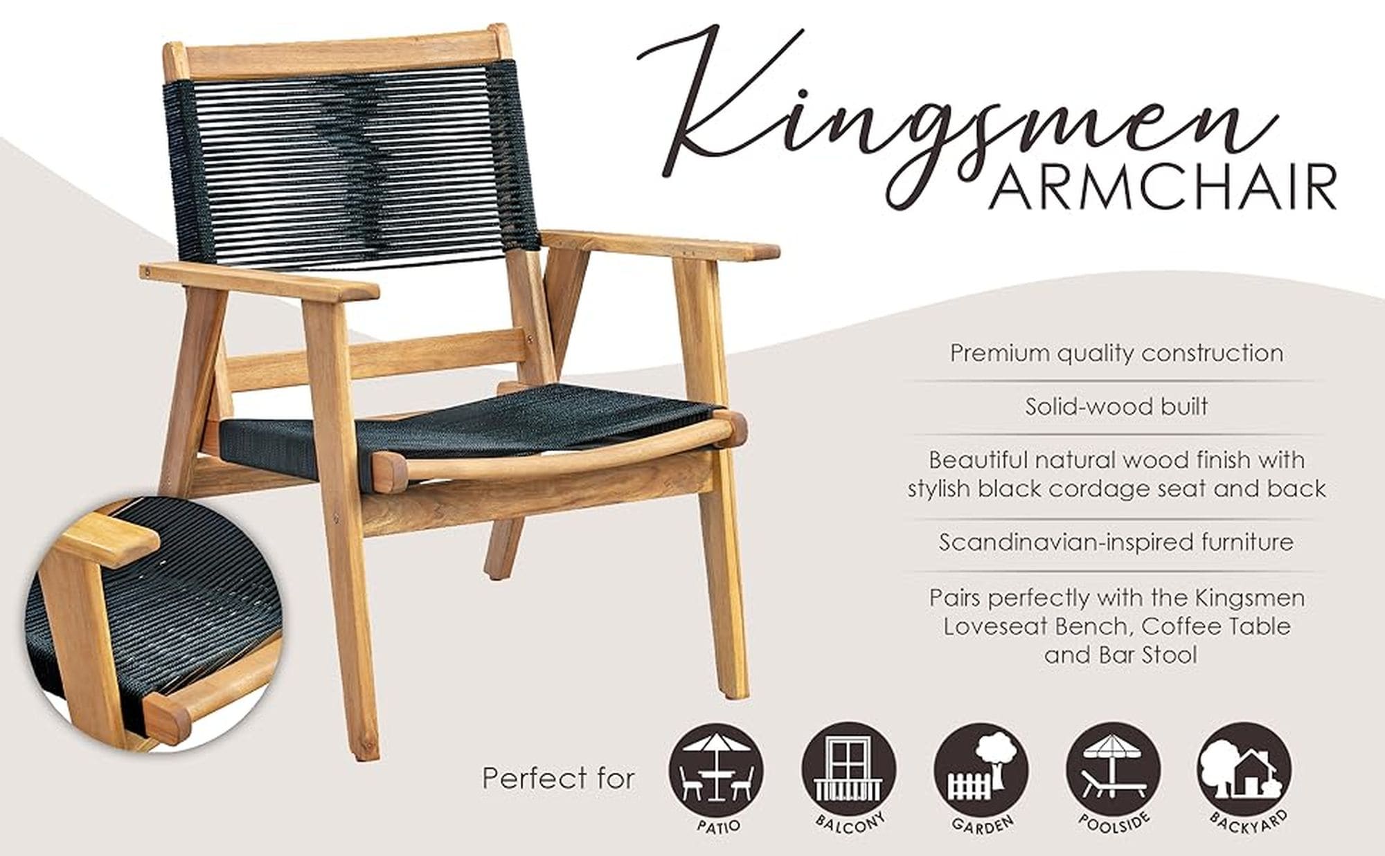 Kingsmen Solid Acacia Wood Outdoor Lounge Chair with Black Cordage Seat