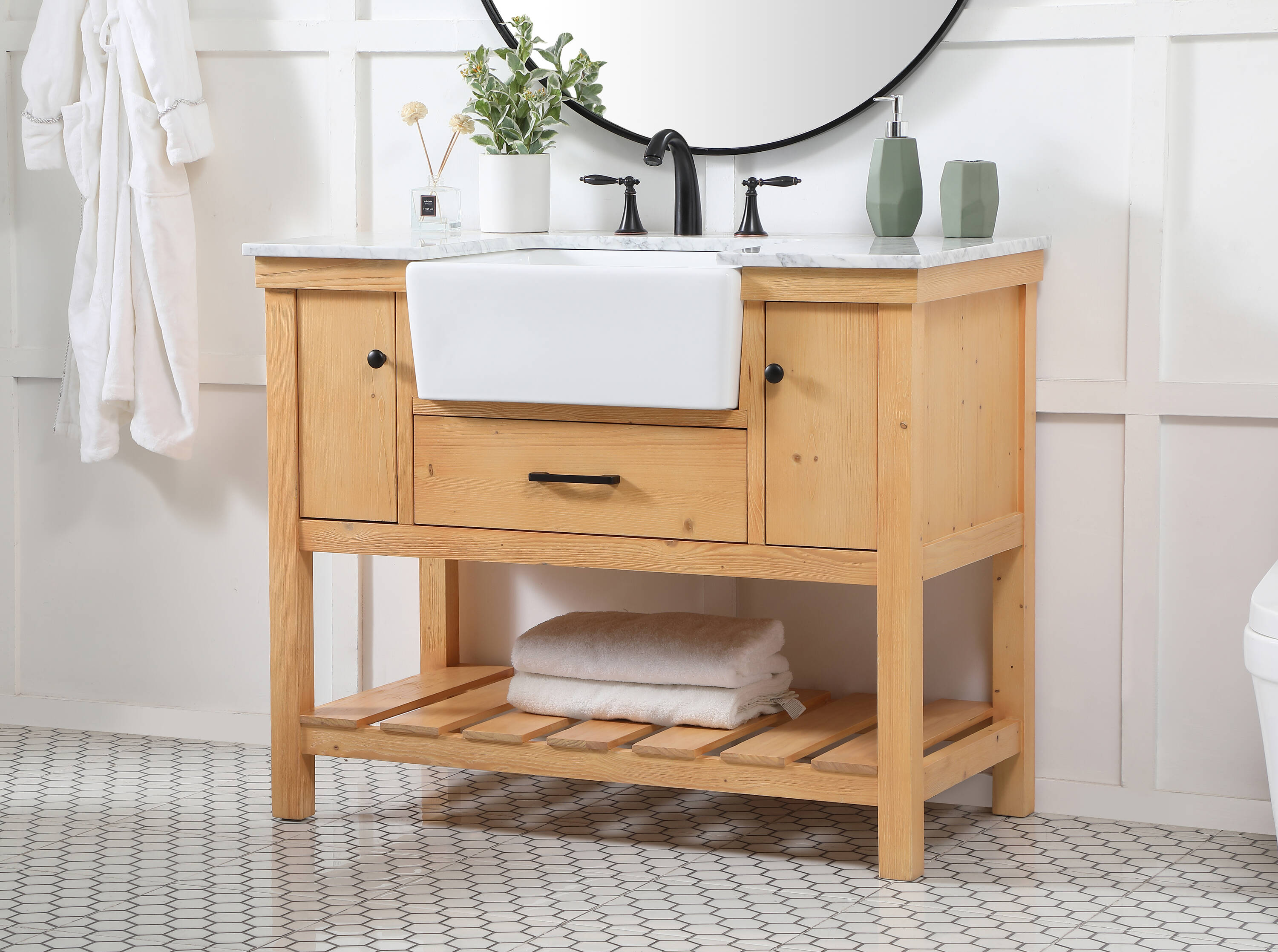 Natural Wood Single Sink Vanity with White Marble Top
