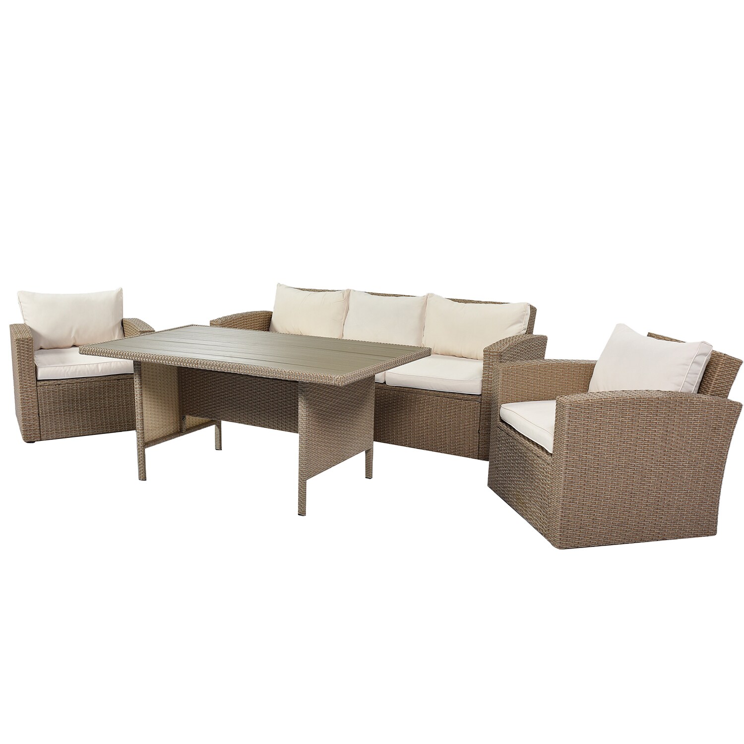 Bybafun YA0200059 4-Piece Rattan Patio Conversation Set with Tan Cushions