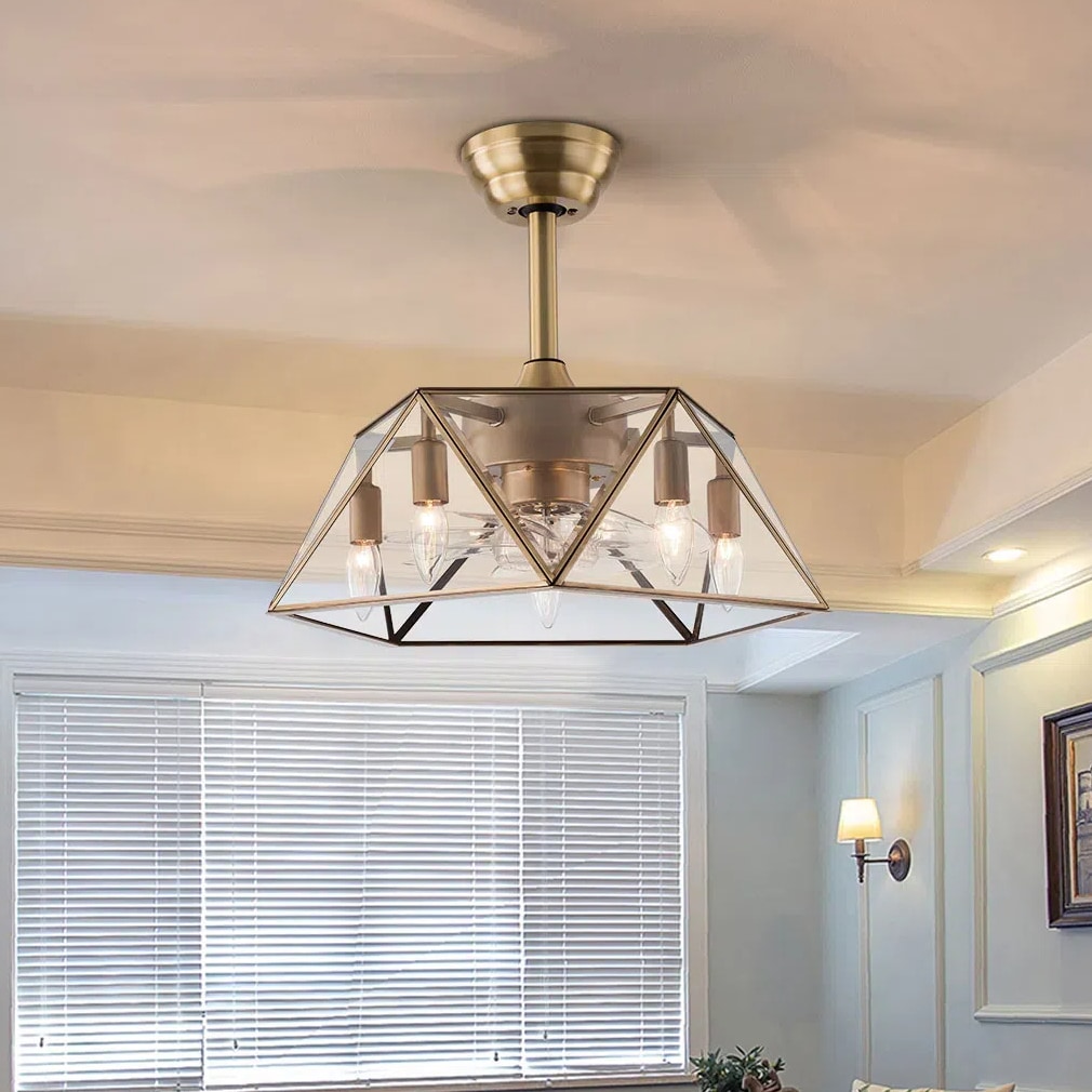 Oukaning JZUCODV599HCX 18.5-Inches Gold Pentagon 6-Speed Timing Reverse with ABS Blades Indoor Downrod mount Fandelier Ceiling Fan Light kit compatible and Remote ( 7 -Blade)
