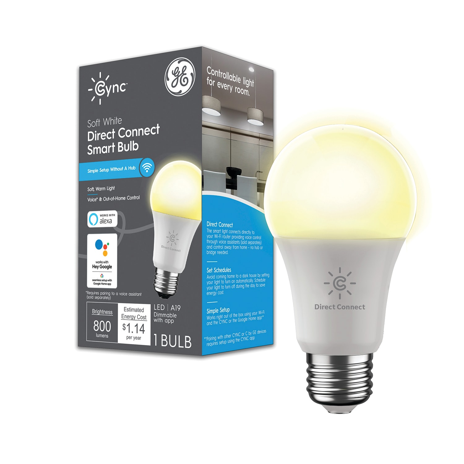 GE 93128962 Cync 60 -Watt EQ A19 Soft white Medium base (E-26) Dimmable Smart LED General purpose Light Bulb