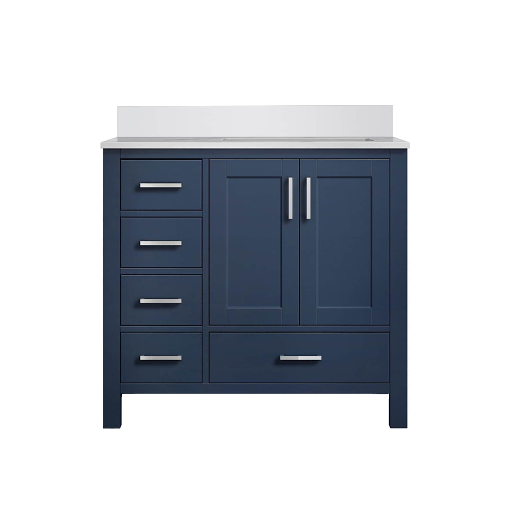 Lexora LJ342236SEWQ000R Jacques 36-in Navy Blue Undermount Single Sink Bathroom Vanity with White Quartz Top