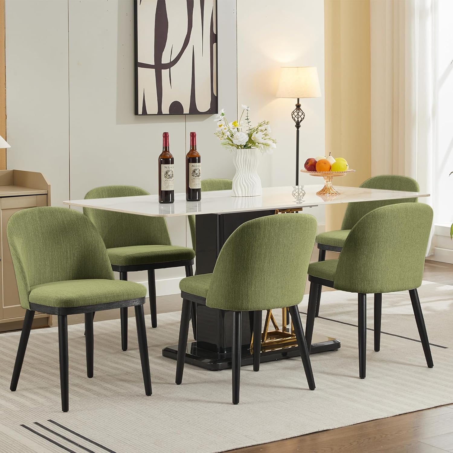 Qeetex - Upholstered Dining Chairs Set of 6 - Modern Fabric Dinner Chairs with Wood Legs - Large ...