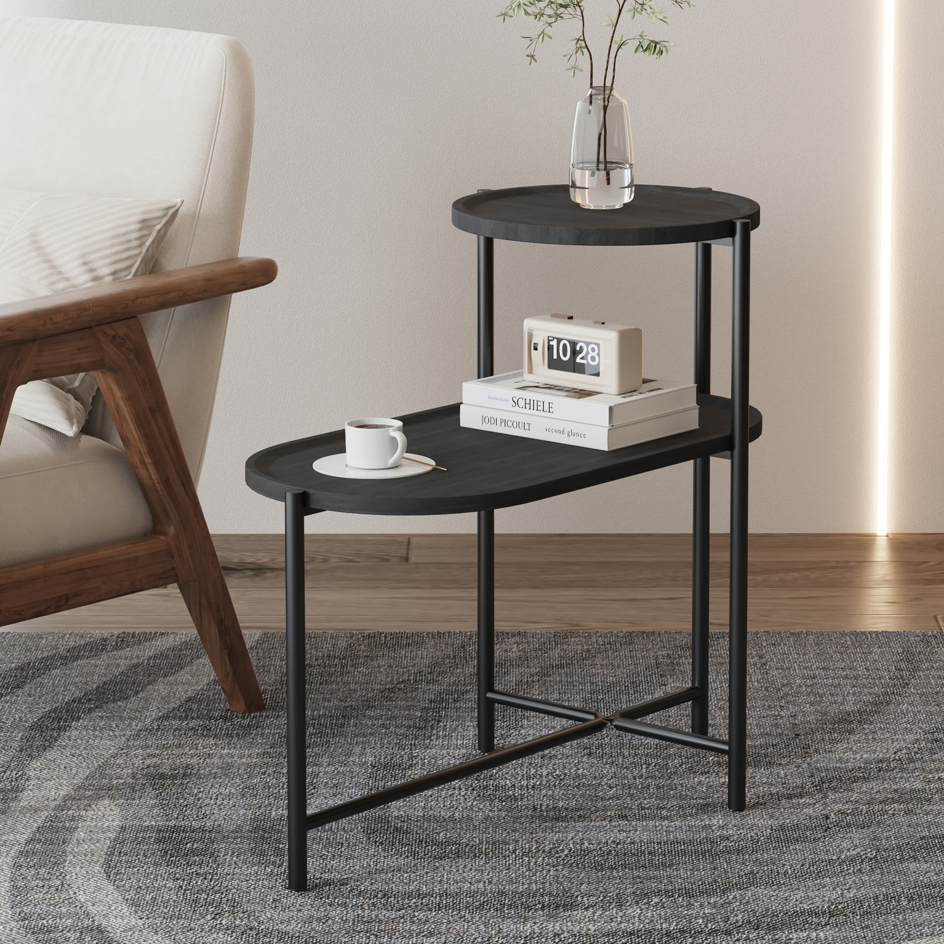 Vynxaria LESX0006-DJBZ-ET0003 Chic Black Wooden Oval Coffee Table with Storage  2Tier End Table for Living Room