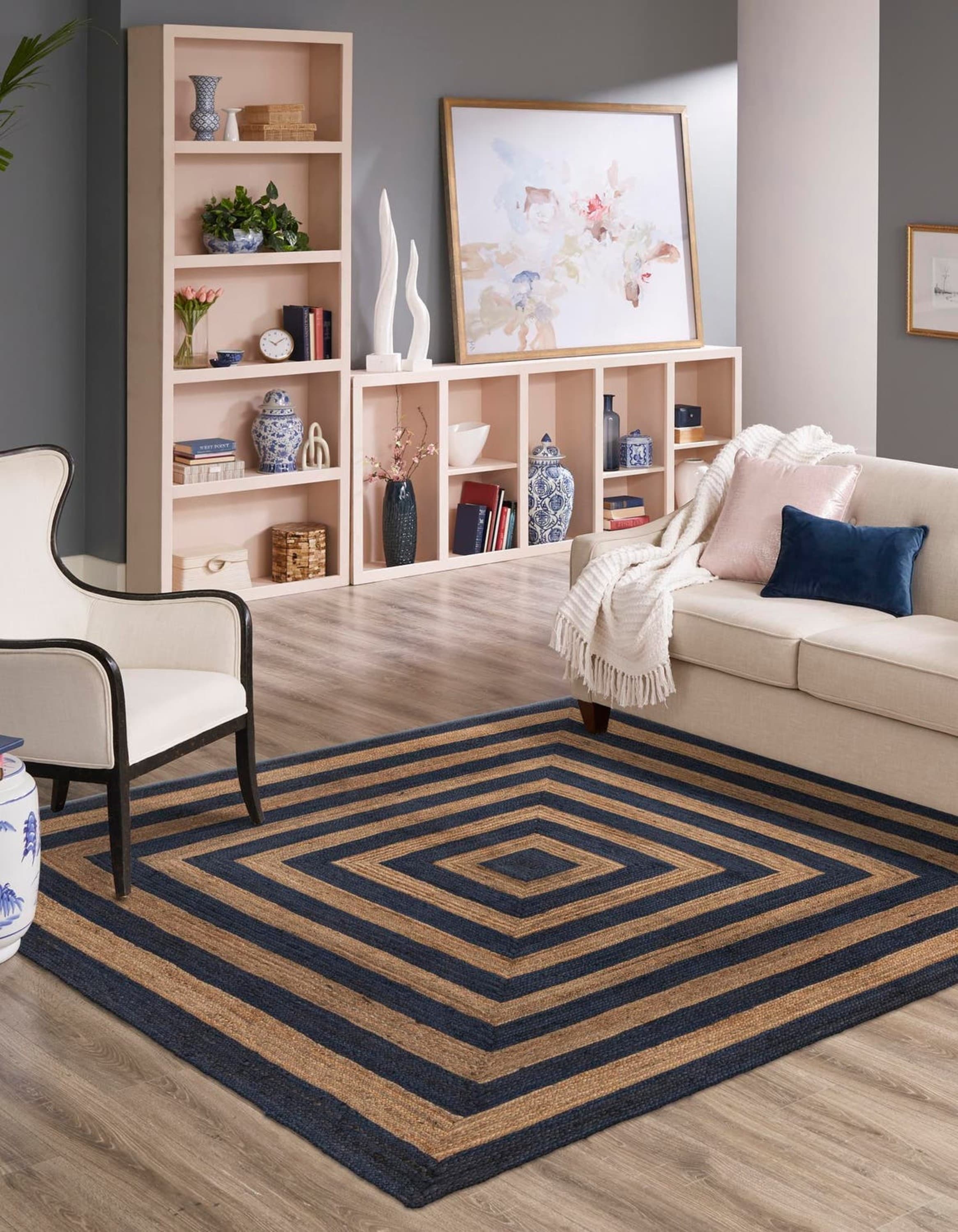 Unique Loom 3183195 Braided Jute 10 x 10 (ft) Braided Jute Navy Blue Natural Square Indoor Geometric Area rug