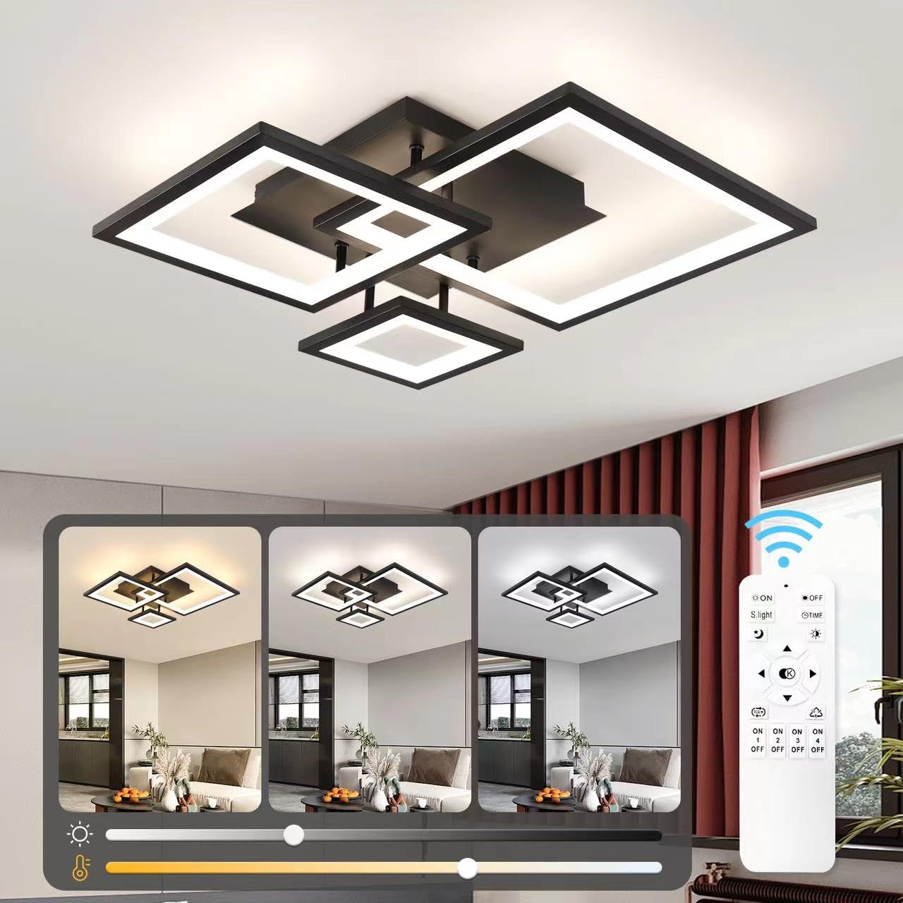 Anqtovp  Modern Black Led Ceiling Light Three Square Design 3000K to 6500K Dimmable 33W Acrylic Ceiling Lighting Fixture for Bedroom Kitchen