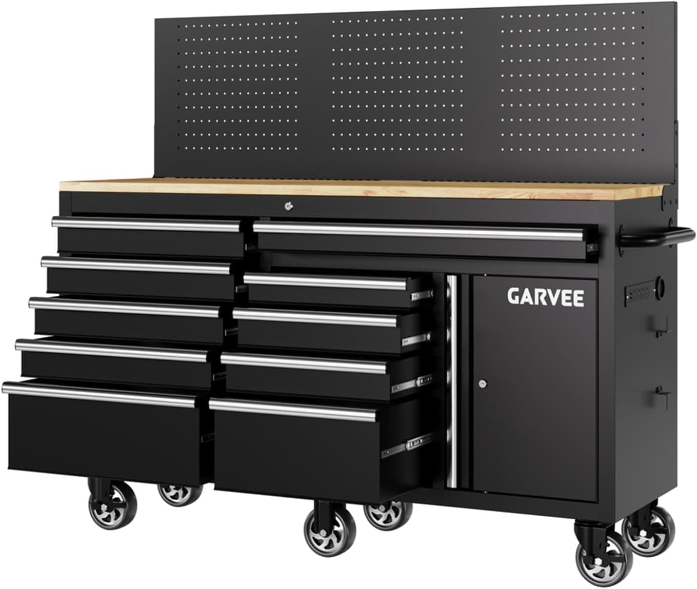 Garvee 60 In Rolling Tool Chest with 10 Lockable Drawers Cabinet and Pegboard Heavy-Duty Mobile Workbench with Rubberwood Top Wheels and Charging Station Sansujyuku sansujyuku.com