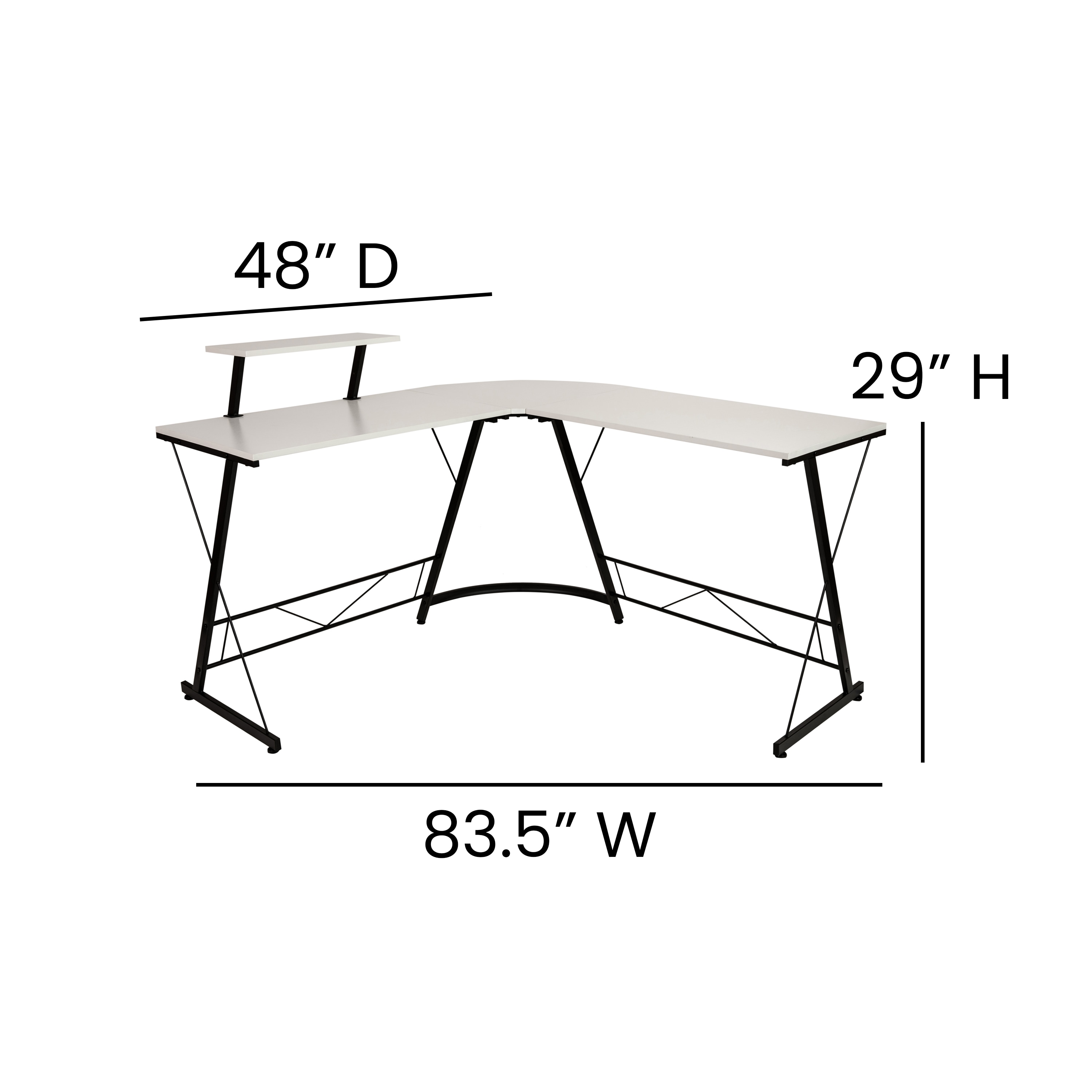Sleek 71.5" White Laminate and Black Metal L-Shaped Gaming Desk with Monitor Stand