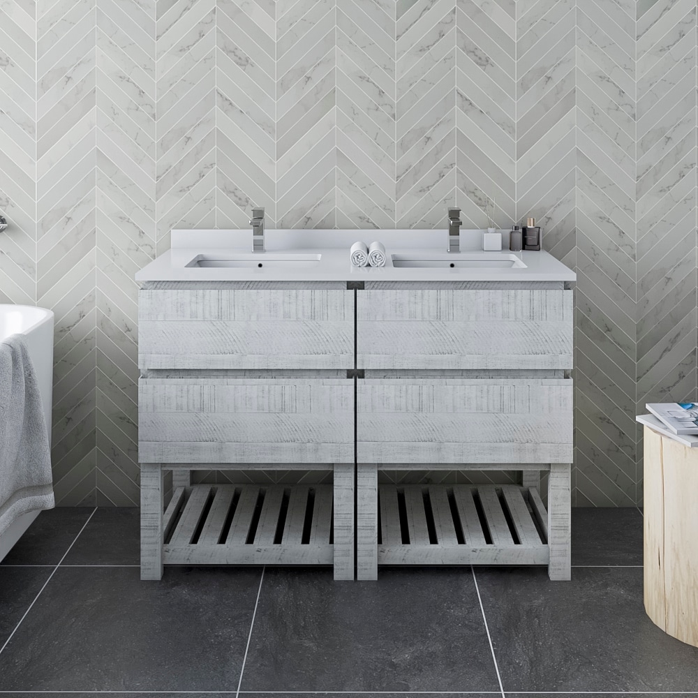 Fresca FCB31-2424RWH-FSCWHU Formosa 48-in Rustic White Undermount Double sink Bathroom Vanity with White Quartz Top