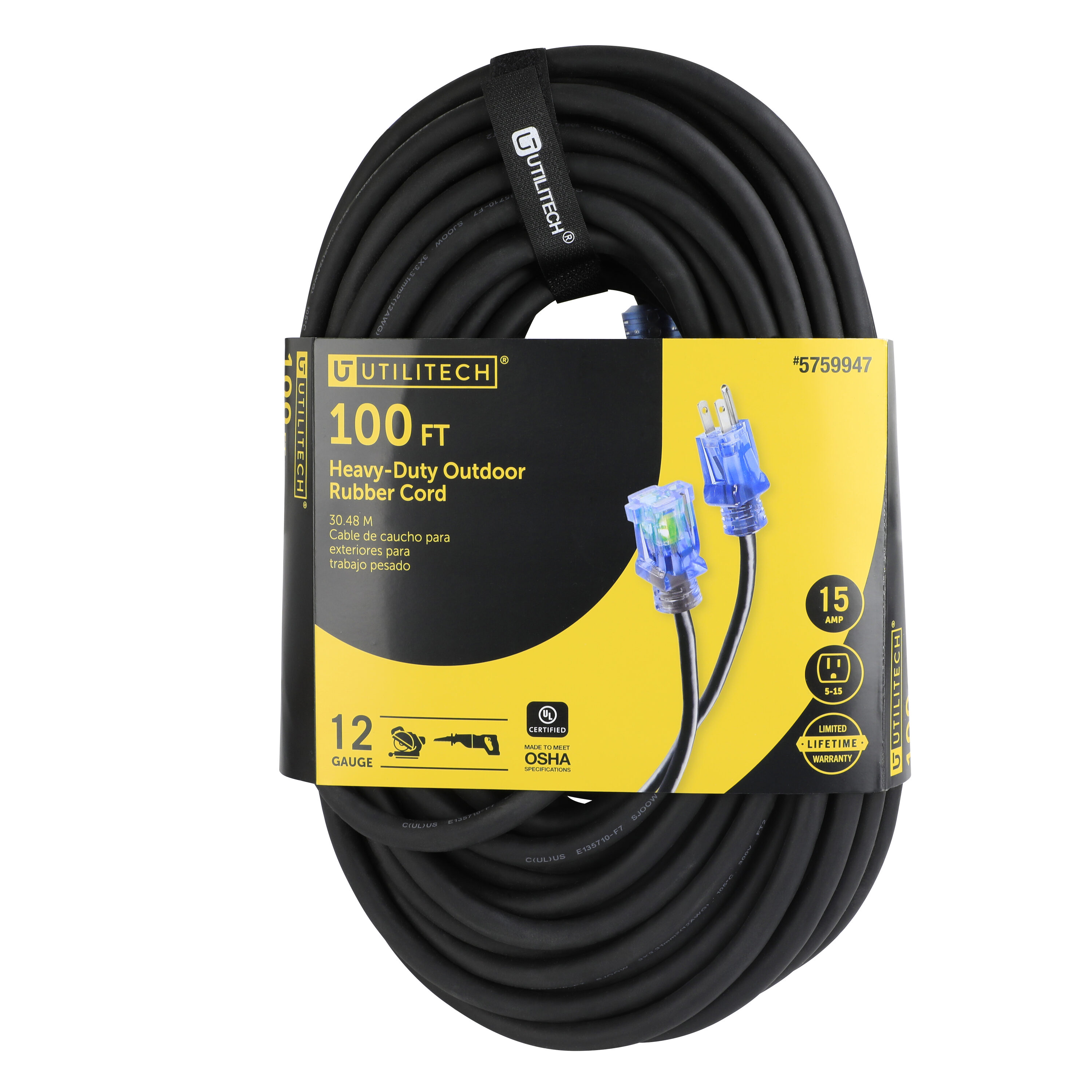 Utilitech (3-Pack) 100-ft 12 / 3 Heavy Duty 3 Prong Black Indoor/Outdoor Extension Power Cord