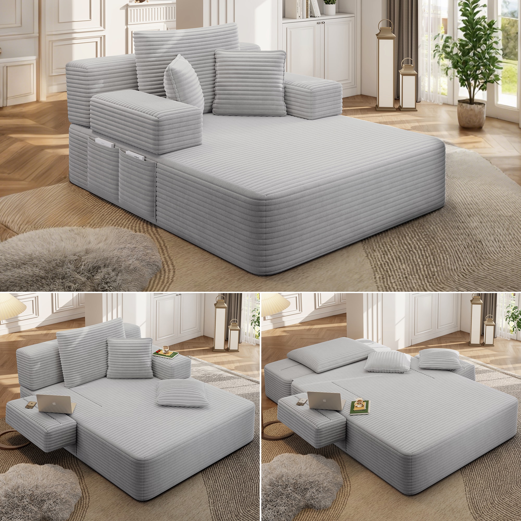 KTMBDW 2-in-1 Convertible Sofa Bed Chaise Lounge -Comfy Corduroy Sofa Bed with 3 Pillows and Storage Pocket fo Living Room (Gray)