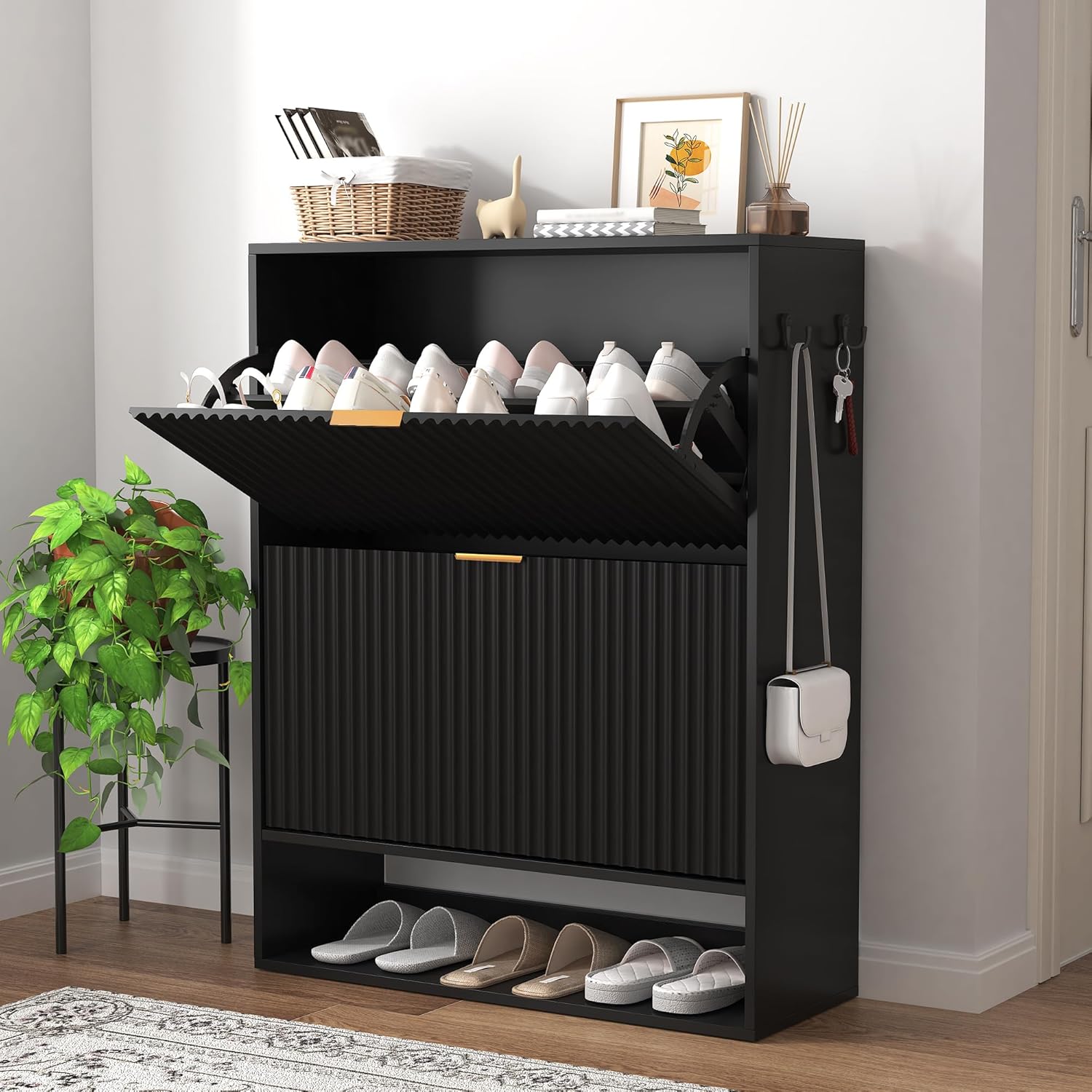 Garvee Fluted Shoe Storage Cabinet Slim Hidden Shoe Rack Cabinet with 2 Flip Drawers and Bottom Open Shelf Freestanding Entryway Organizer Perfect for Closet Hallway Foyer Black