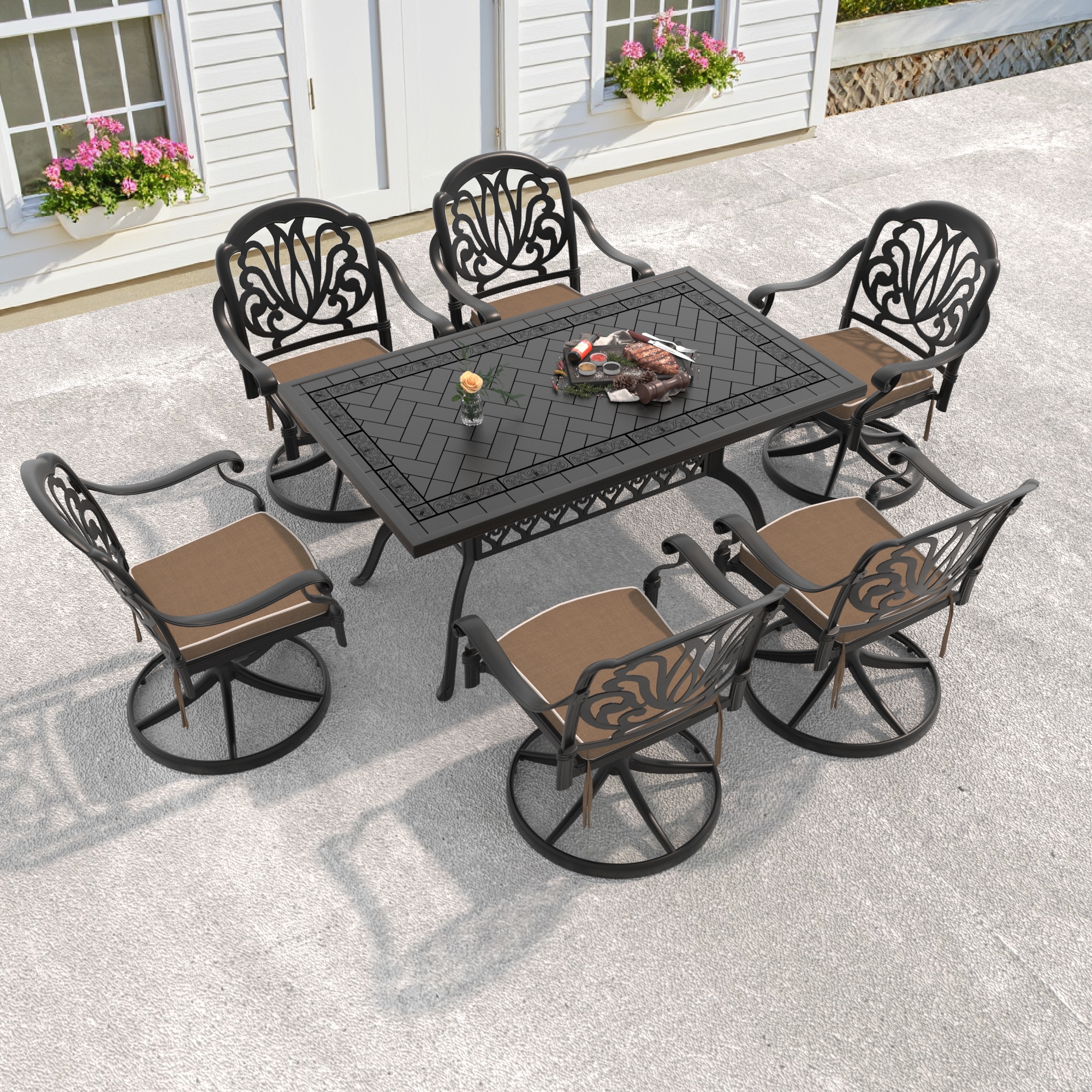nicesure SLBK6002SC6A1165 7 -Piece Black Patio Dining Set Aluminum Rectangle Table with 6 Cushions Swivel Rocker Chairs