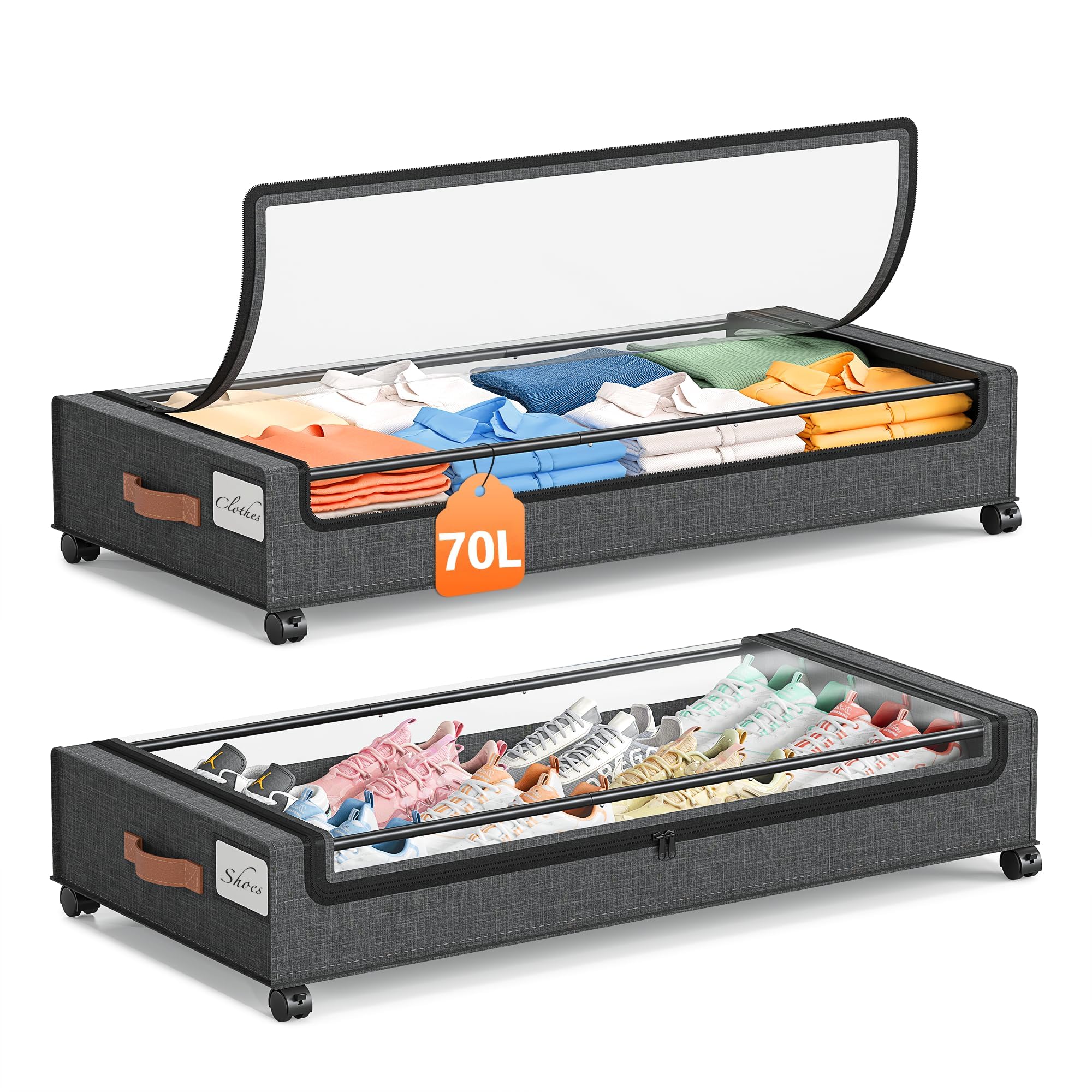 URIACG Grey Extra Large 2Pack Under Bed Storage With Wheels Rolling Metal Drawers Fabric 360 Rotating Silent Wheels Clear Window Label Foldable Versatile Storage #5749848516384