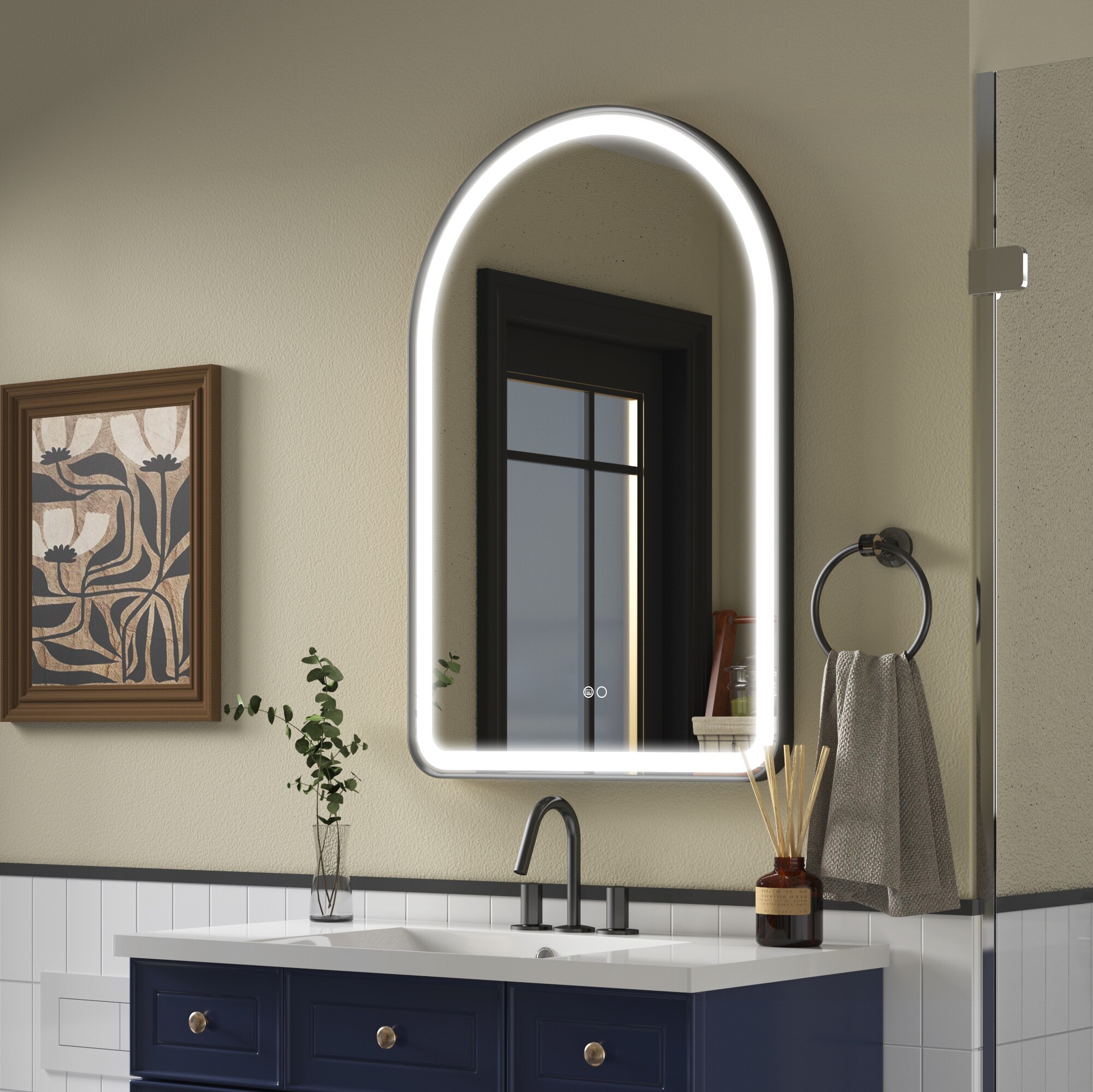 Forclover 24-in x 36-in Framed Arch Dimmable Lighted Fog Free Bathroom ...