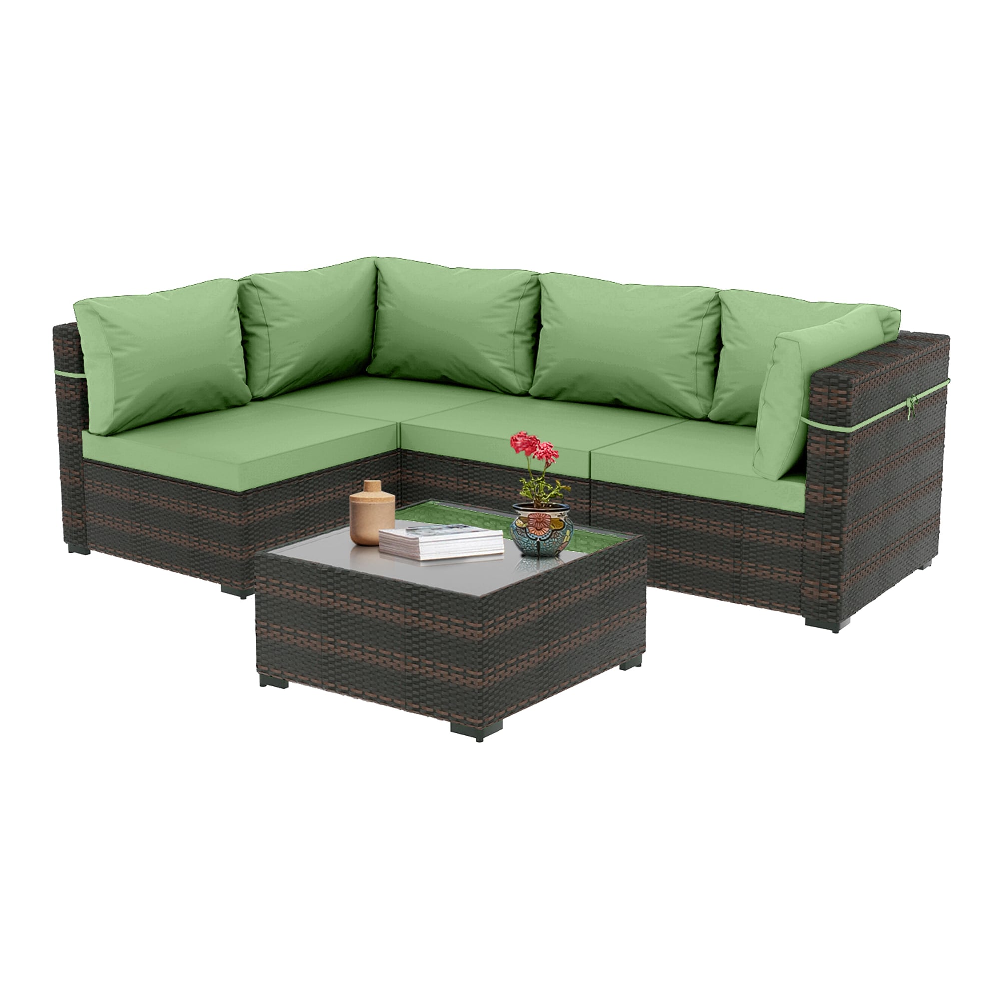 UPHA Wicker Patio conversation set 5 -Piece Wicker 4 Patio Sofa Conversation Set with Green Cushions