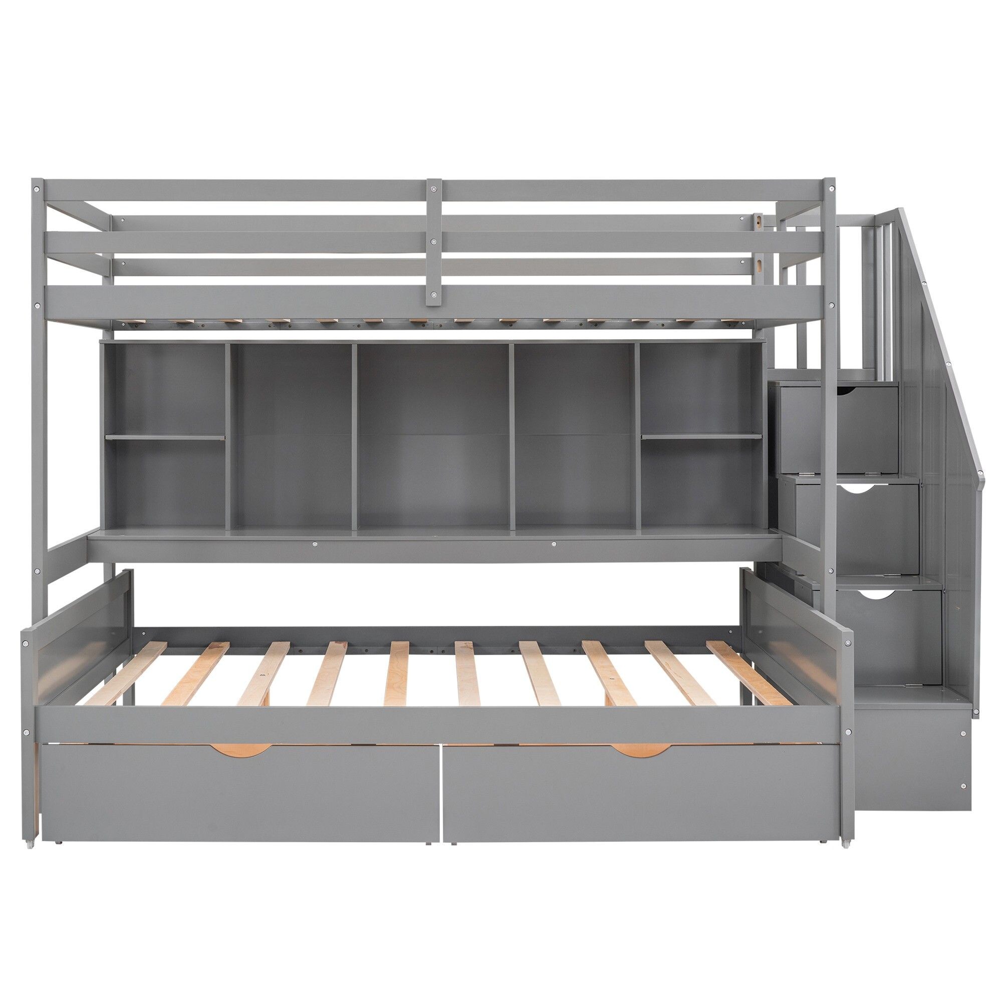 Yiekholo Gray Twin Over Full Bunk Bed with Trundle and Storage ...