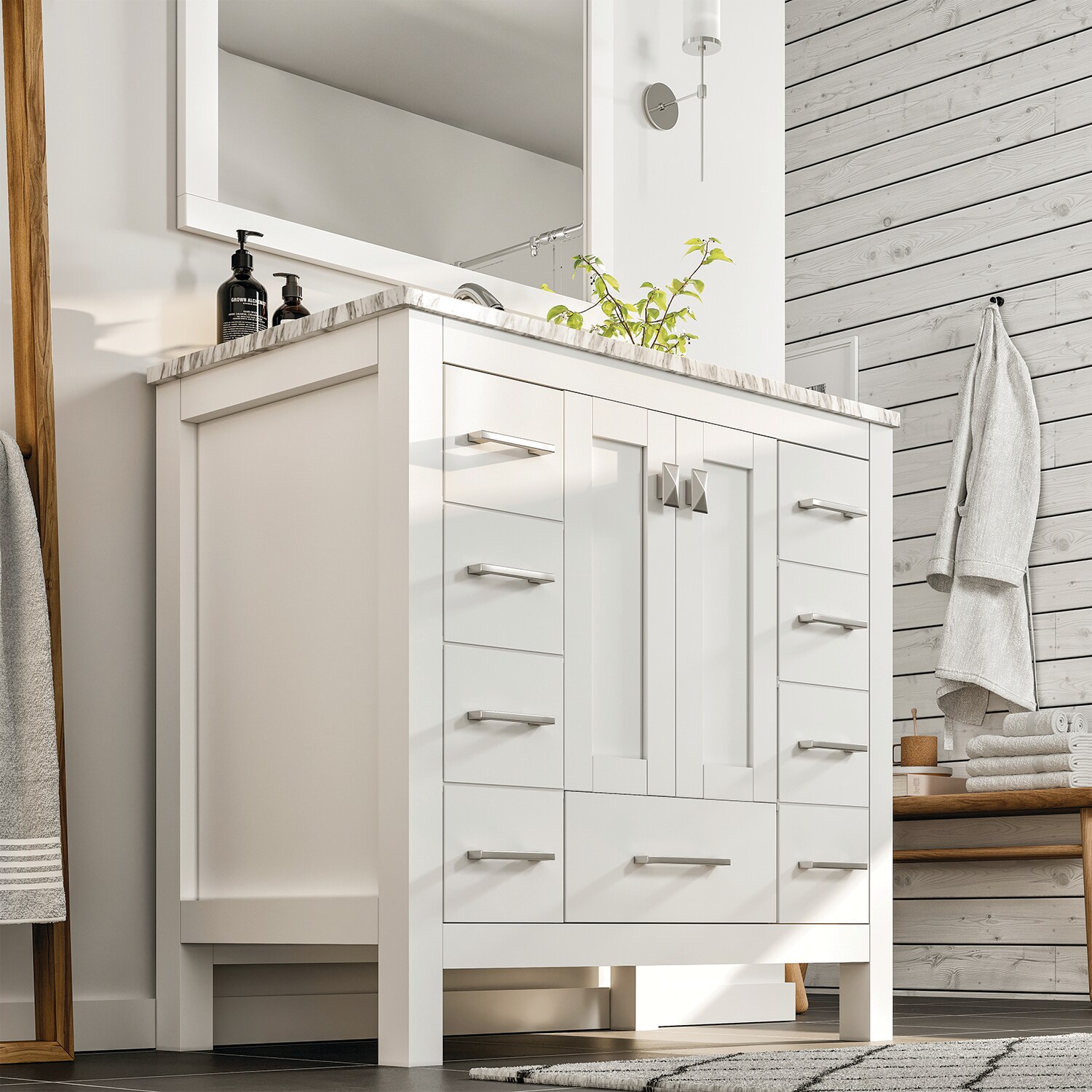 Hampton 36" White Solid Wood Bathroom Vanity with Carrara Marble Top