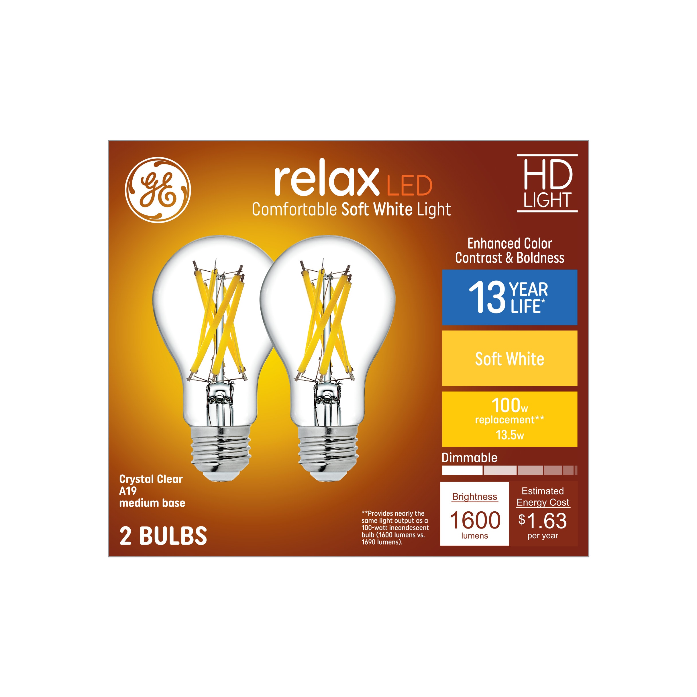 GE Lighting 45657 Reveal A19 bombilla LED de intensidad regulable con base  de tamaño mediano, 67607, 6watts