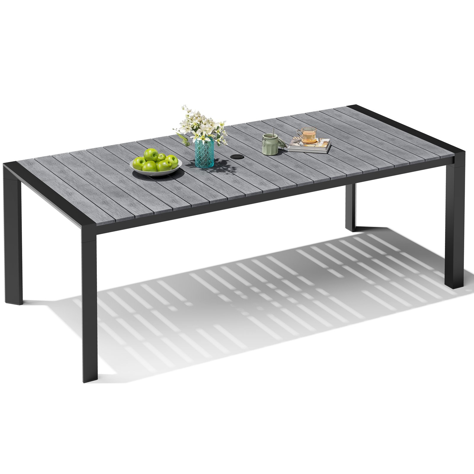 Crestlive Products CL-TB062GRY210 84-in Large Patio Plastic-Wood Top Aluminum Frame Rectangle Outdoor Dining Table 38.98-in W x 83.86-in L with Umbrella Hole