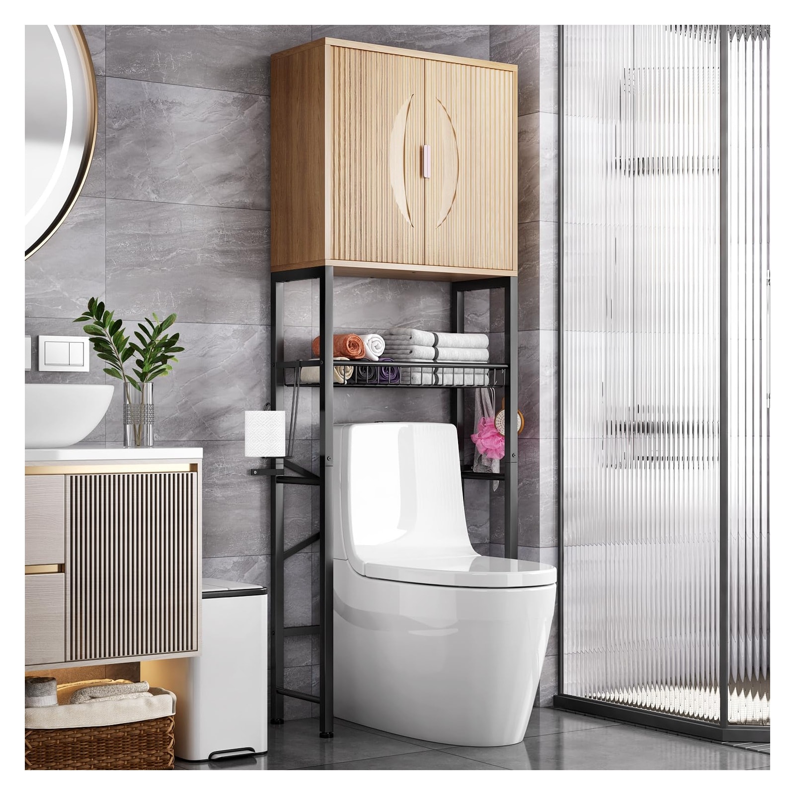 Yichuhaoxi  Over The Toilet Storage Cabinet with Fluted Wave Doors Adjustable Shelf and Drain Basket Freestanding Bathroom Organizer for Balcony