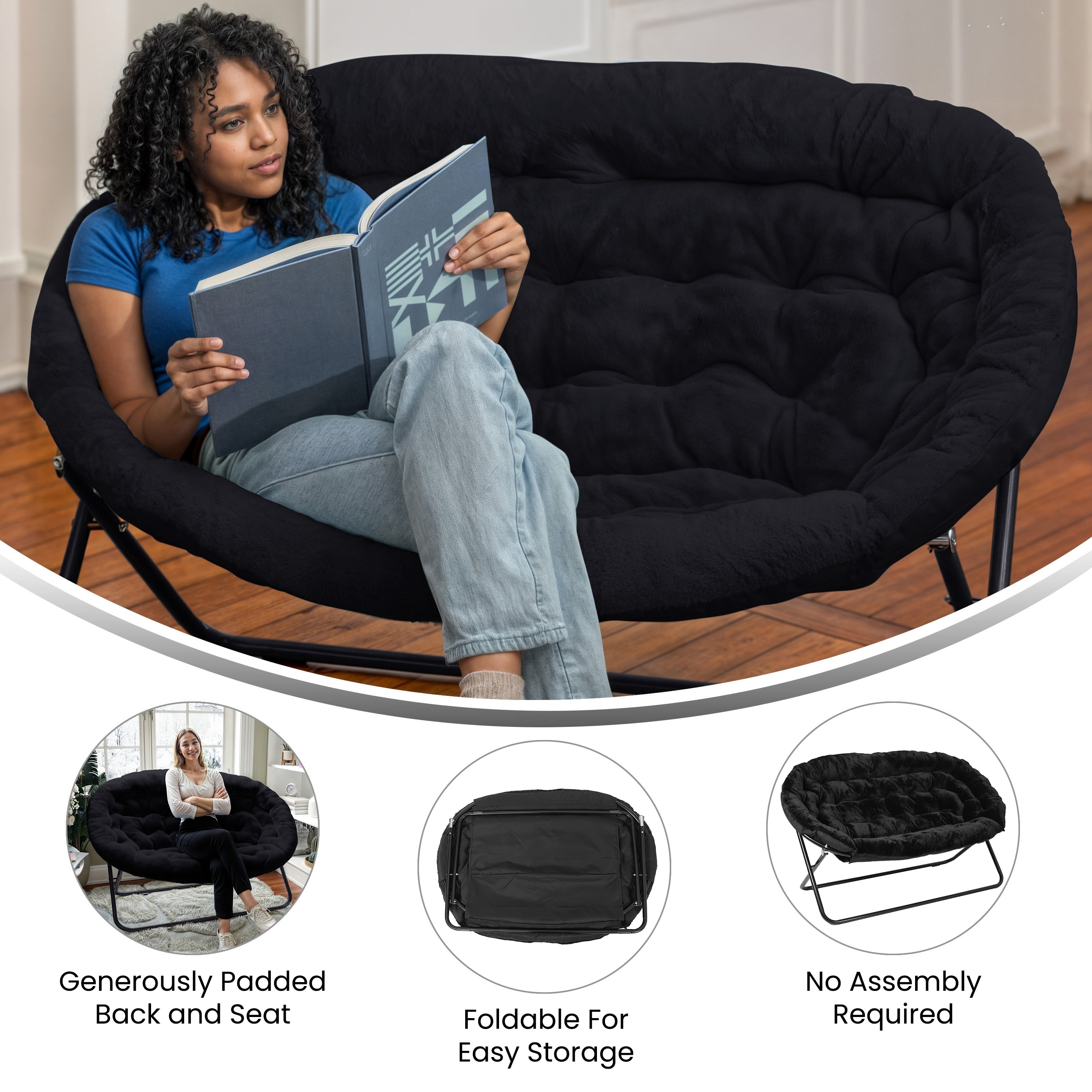 Emma + Oliver Janey Folding Double Saucer Chair in Black Faux Fur