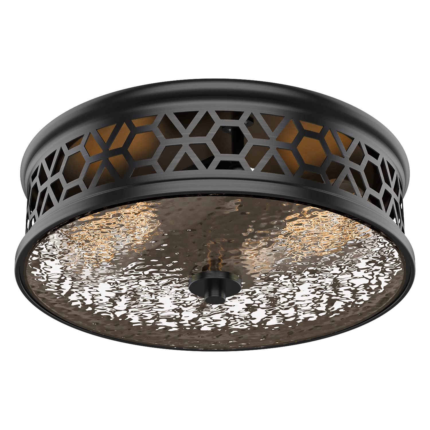 Anqtovp  Flush Mount Ceiling Light 12 Inch Two Light Vintage Black Metal Frame Rippled Glass Fixture for Hallway Kitchen Bathroom Bedroom
