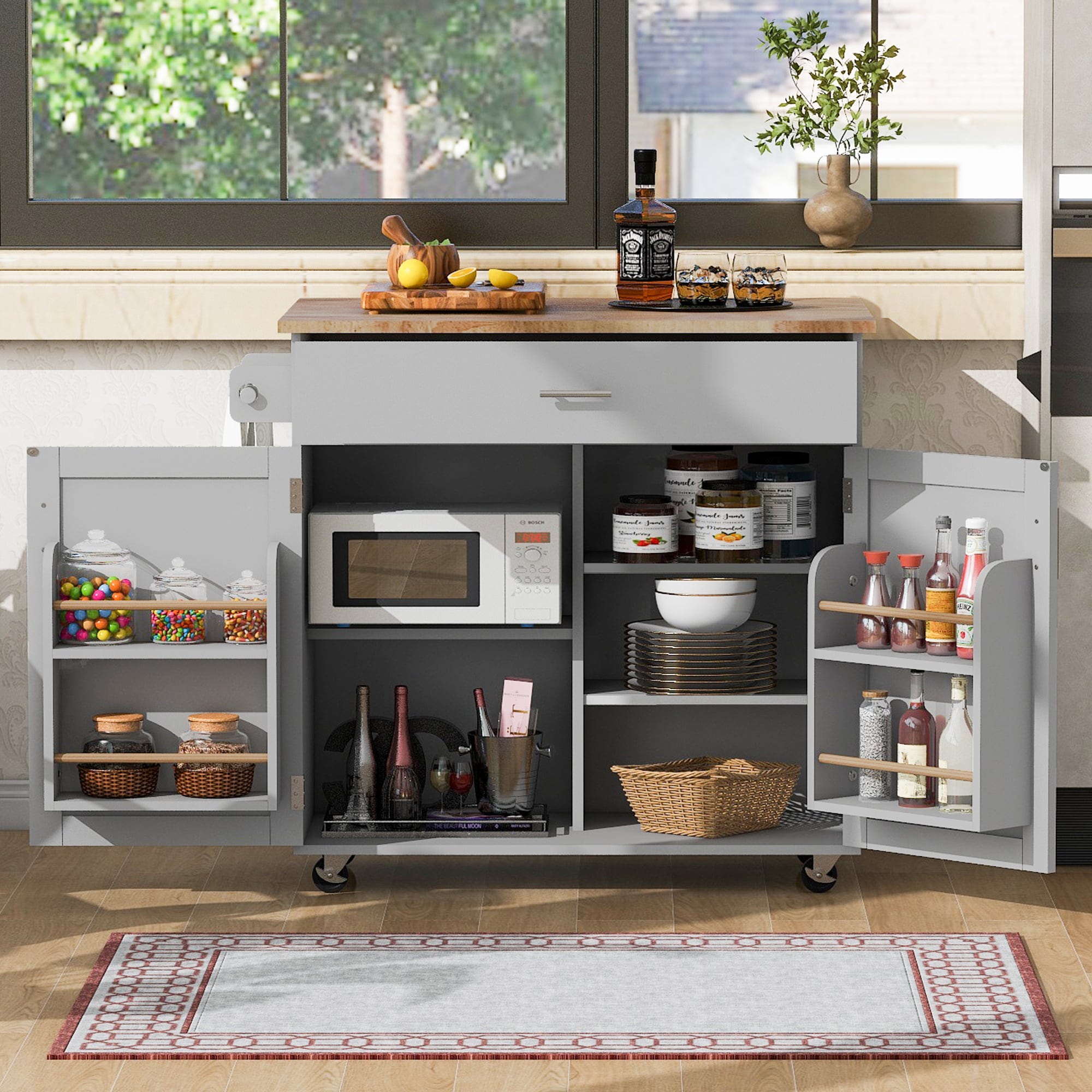 BABOOM BOM-6601AAG-OR Gray MDF Base with Wood Rolling Kitchen Island ( 25.7-in x 39-in x 34-in )