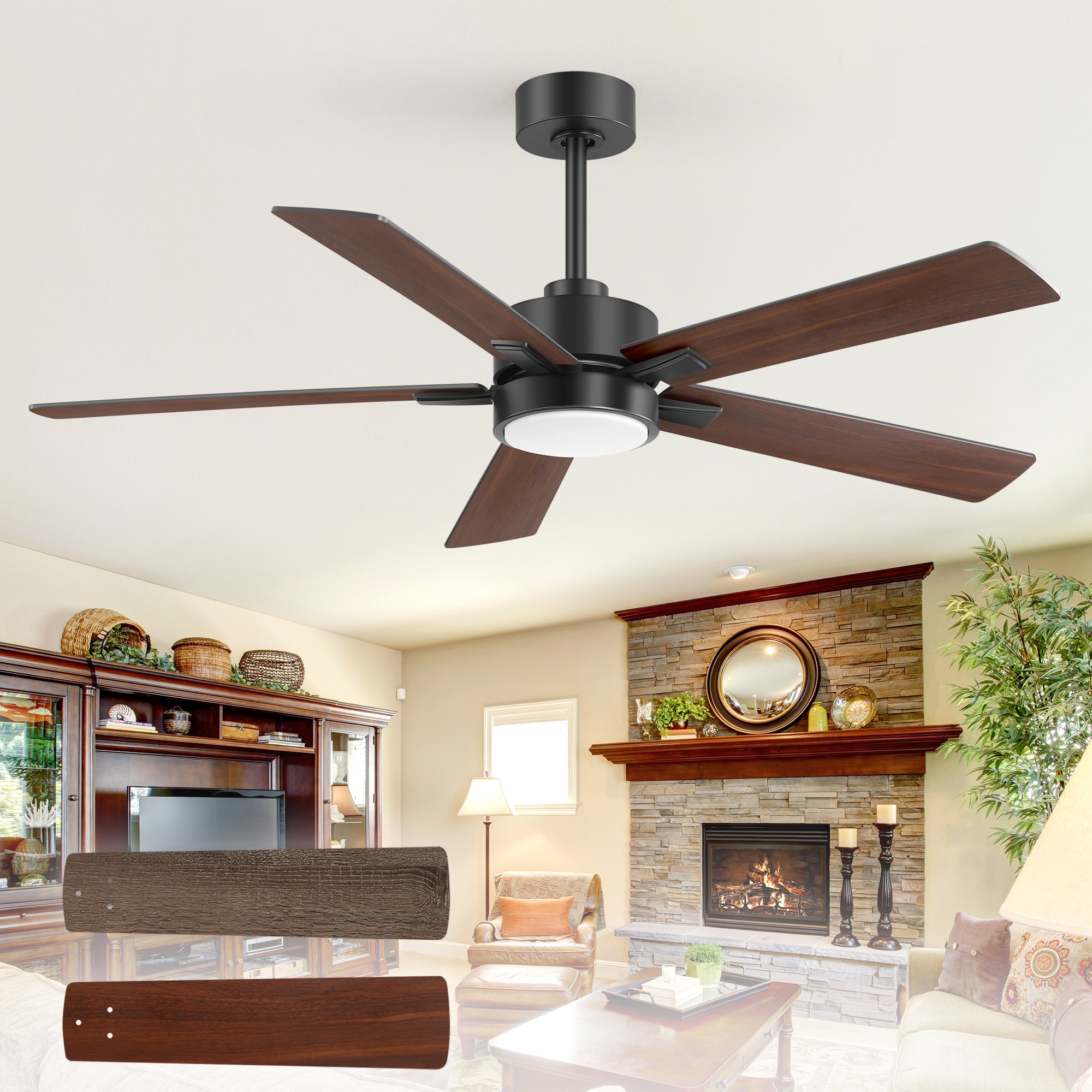 Breezary 30001-BK 52-in Color-Changing Integrated LED Black with Light and Dark Walnut Blades Chandelier Ceiling Fan With Light 5 -Blade )