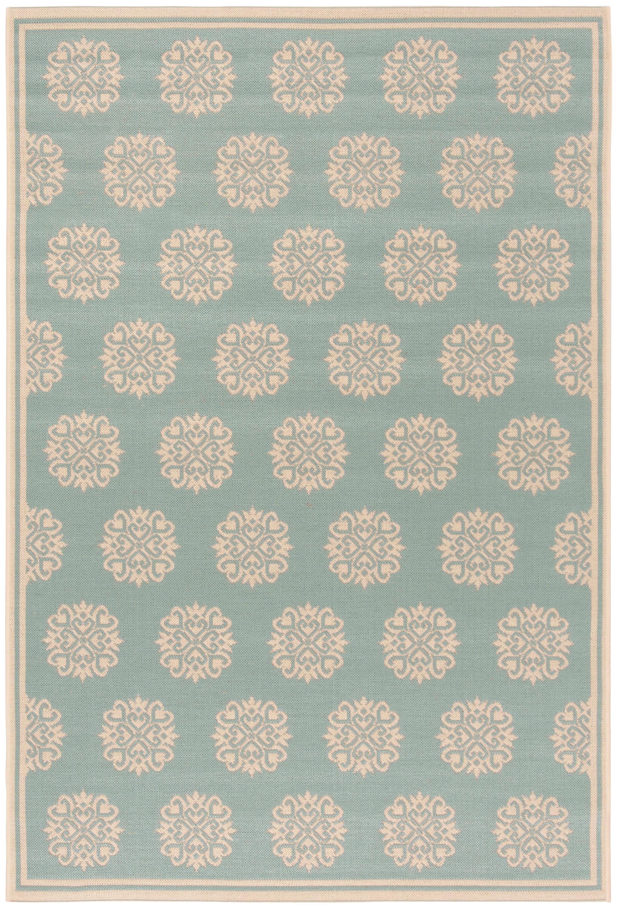 Aqua and Cream Geometric Synthetic Indoor/Outdoor Area Rug