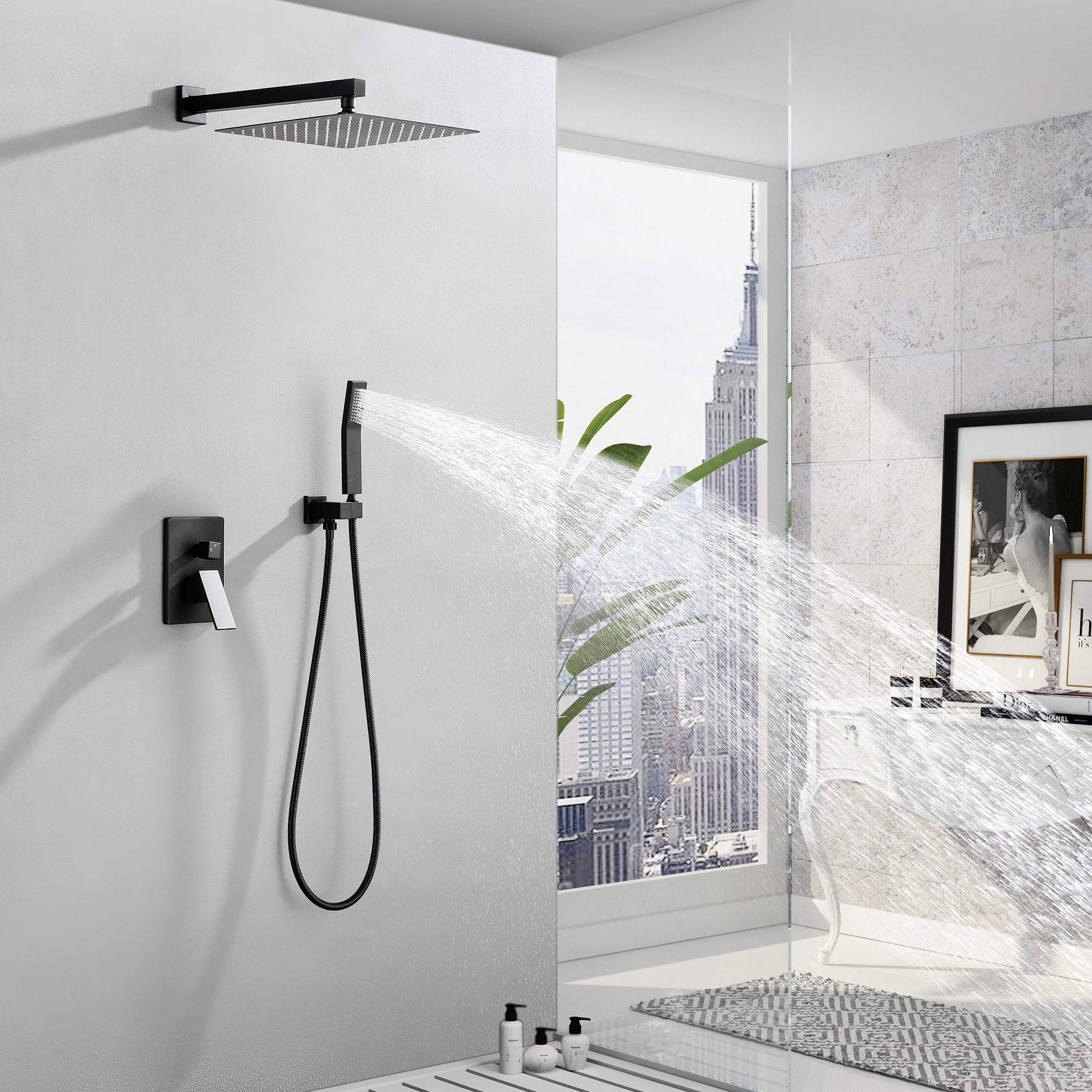 WELLFOR Matte Black Dual Head Waterfall Built-In Shower Faucet System ...