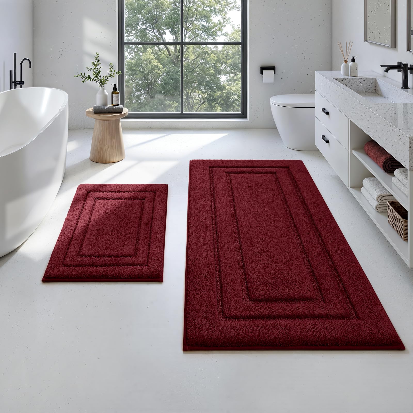 PUPWE 2 Piece Ultra Soft Absorbent Non Slip Washable Microfiber Bathroom Rug Set