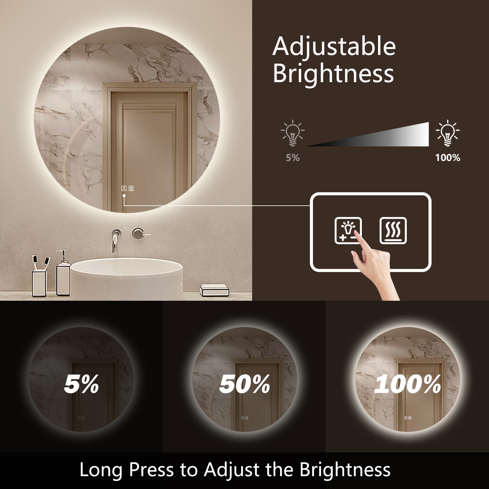 HomLux 32-in x 32-in Frameless Round Dimmable Lighted Fog Free Bathroom ...