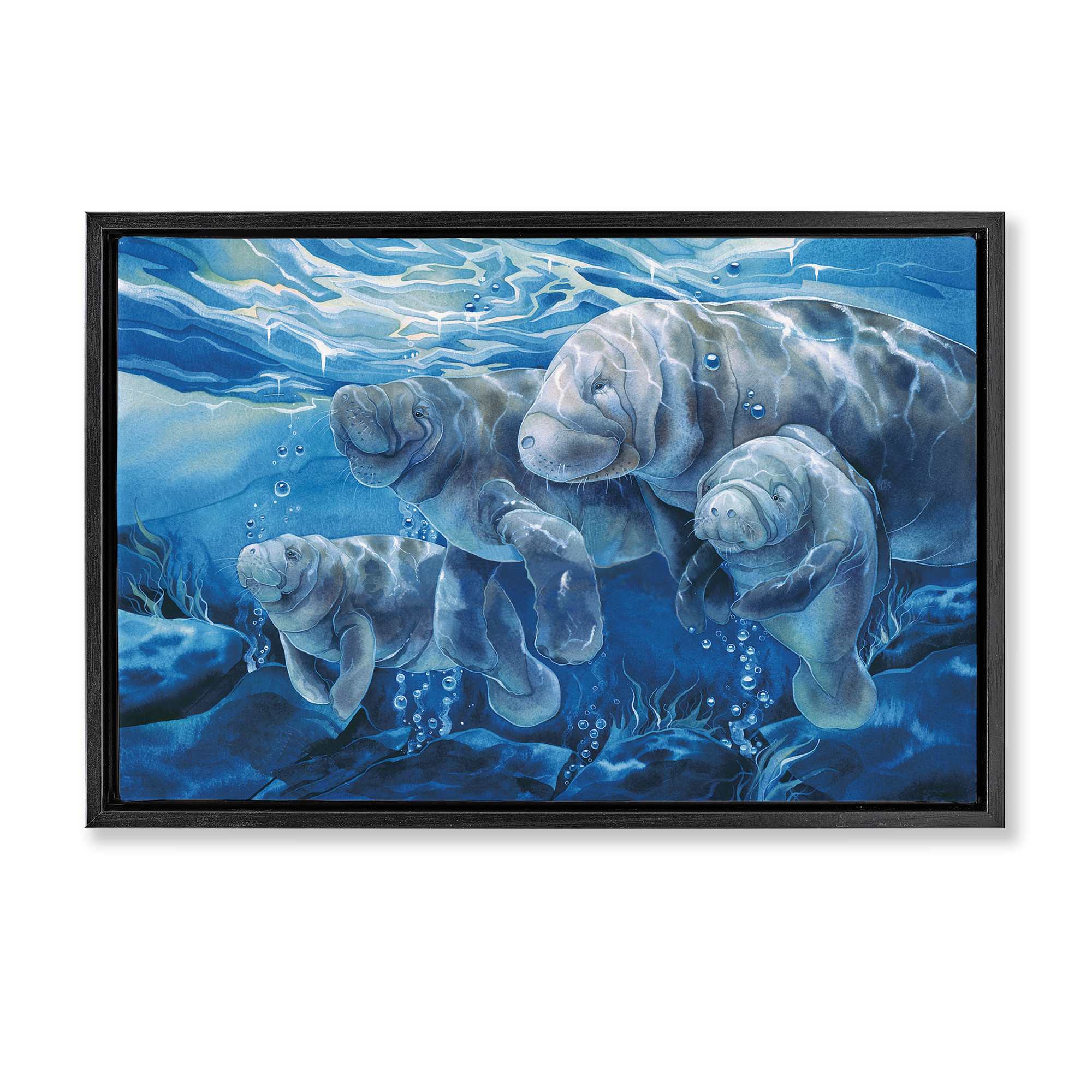Stupell Industries BT-300-FFB-20X30 Underwater Manatee Family Black Framed Floater Canvas Wall Art By Jody Bergsma 31 x 21