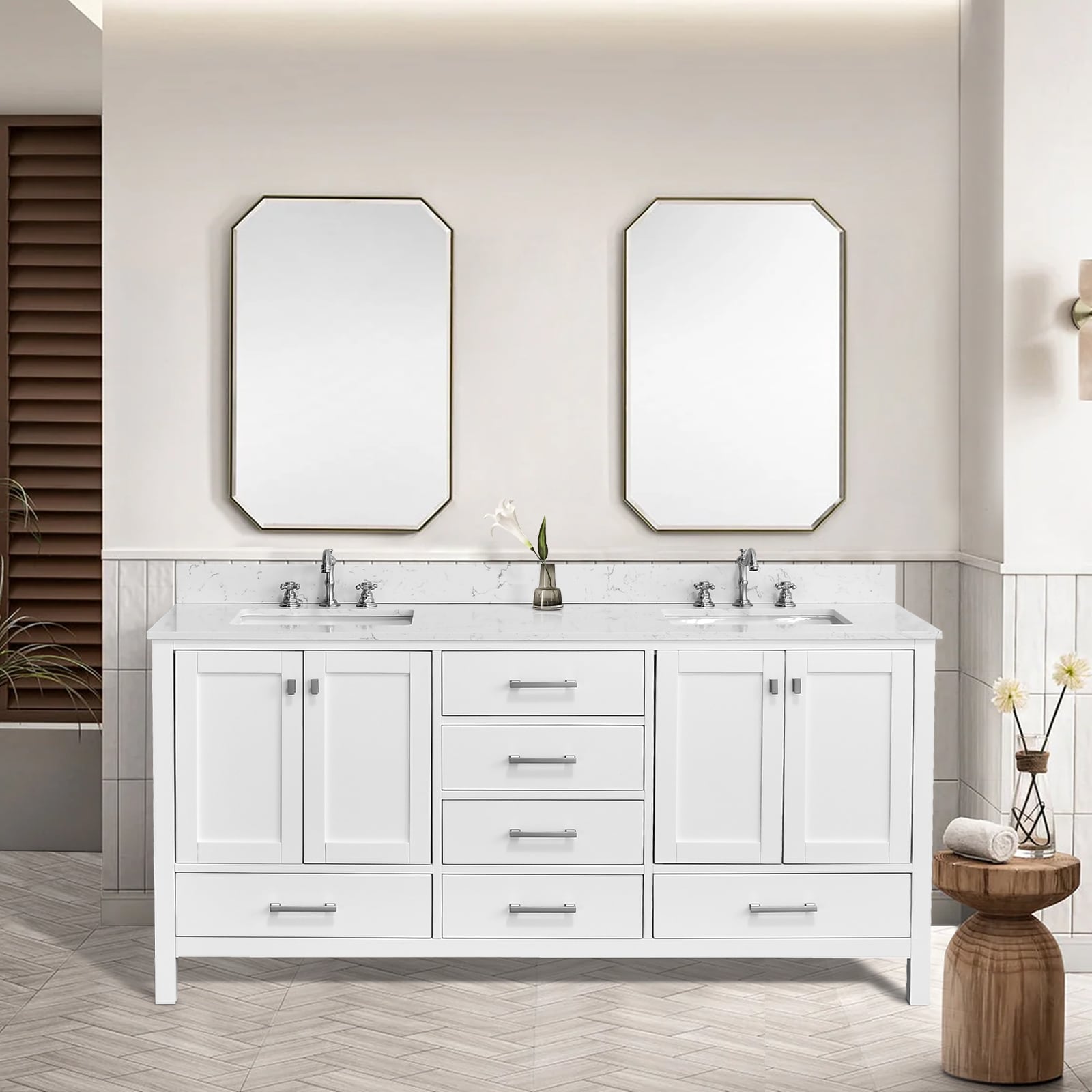 CASAINC 72-in White Undermount Double Sink Bathroom Vanity with White Engineered Marble Top
