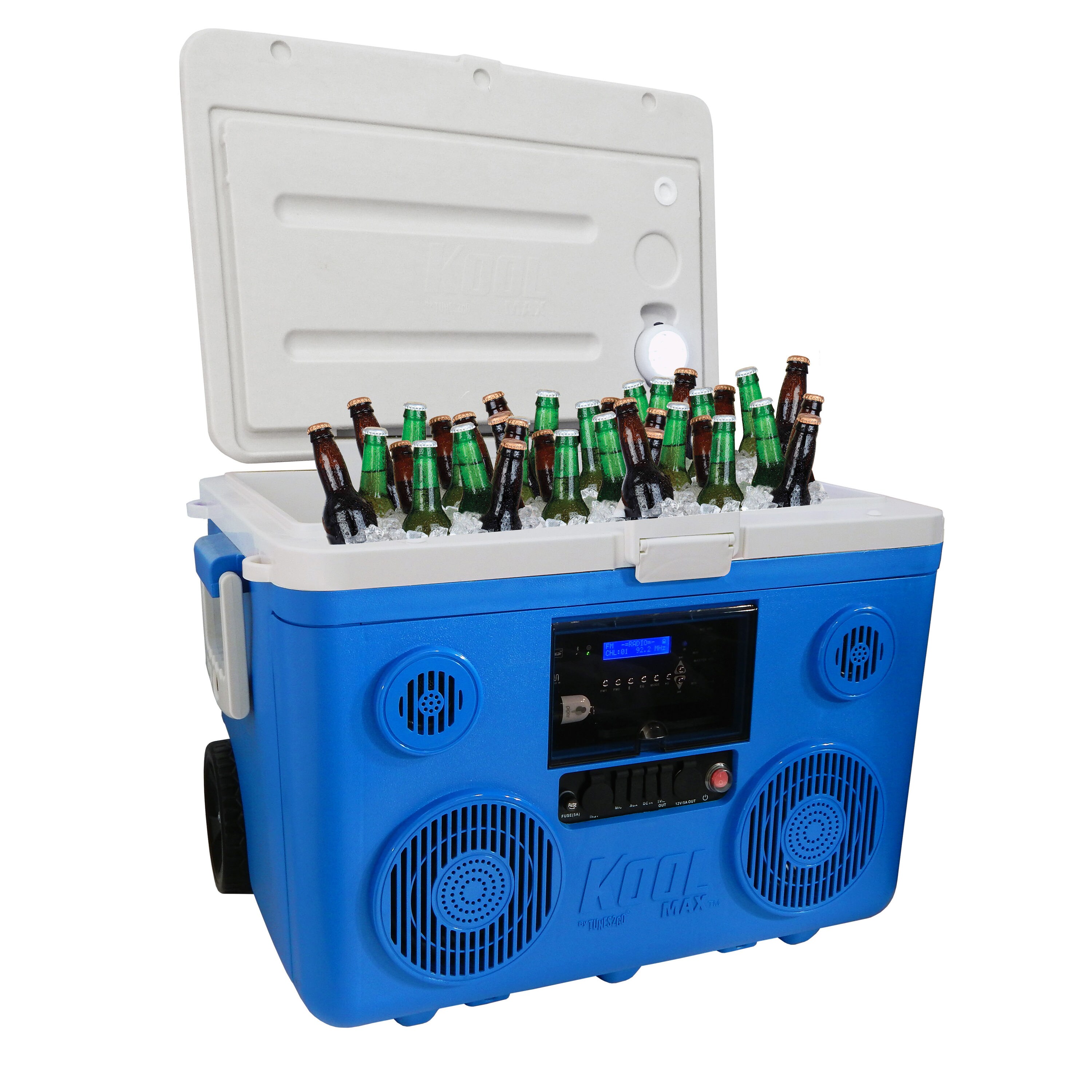  KoolMAX Cooler with Bluetooth Speaker System, 350W Boombox, 40  Qt Cooler, Rechargeable, USB 12V Car Cigarette Lighter Power Station,  Guitar Amplifier, Radio, PA Machine, Karaoke, Blue : Musical Instruments